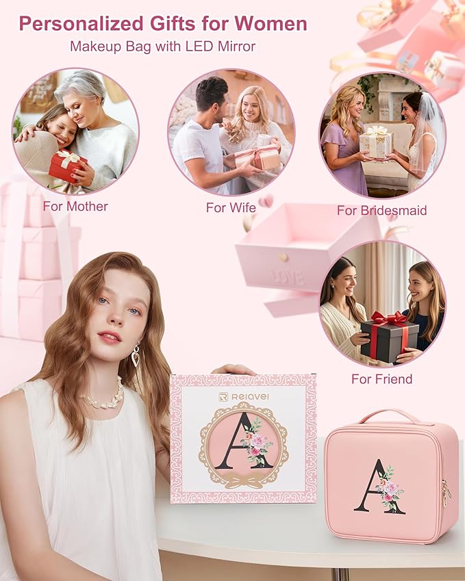 Relavel Initial Makeup Bag with LED Mirror for Women Girls, Personalized Travel Cosmetic Organizer Train Case, Birthday Gifts for Grandkids Bridesmaid Graduation Teacher Friends, Trendy Stuff, Pink N