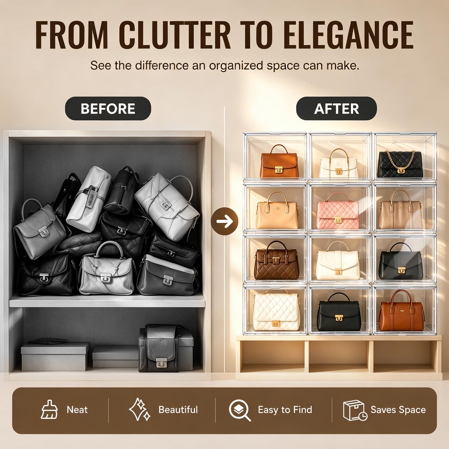 EZJOB 10 Pack Clear Purse Organizer for Closet, Acrylic Handbag Box,14.1 in