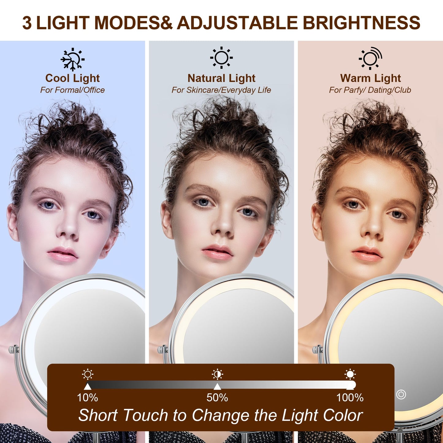 JANEEVA 10X Lighted Makeup Mirror with 3 Lighting Modes, 8" Dimmable Lights Height Adjustable Vanity Mirror with Lights, Rechargeable Double Sided 1X 10X Magnifying Mirror, 360°Rotation,Chrome