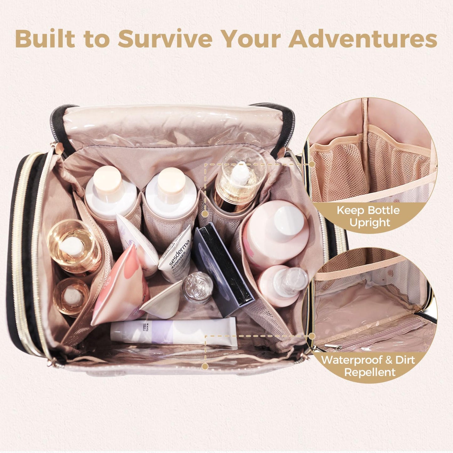 TBTOTRA Hanging Toiletry Bag & Makeup Bag for Women with Jewelry Organizer - TSA Approved Large Capacity Travel Cosmetic Organizer, Waterproof Shower Essentials Case with Transparent Pockets, Beige