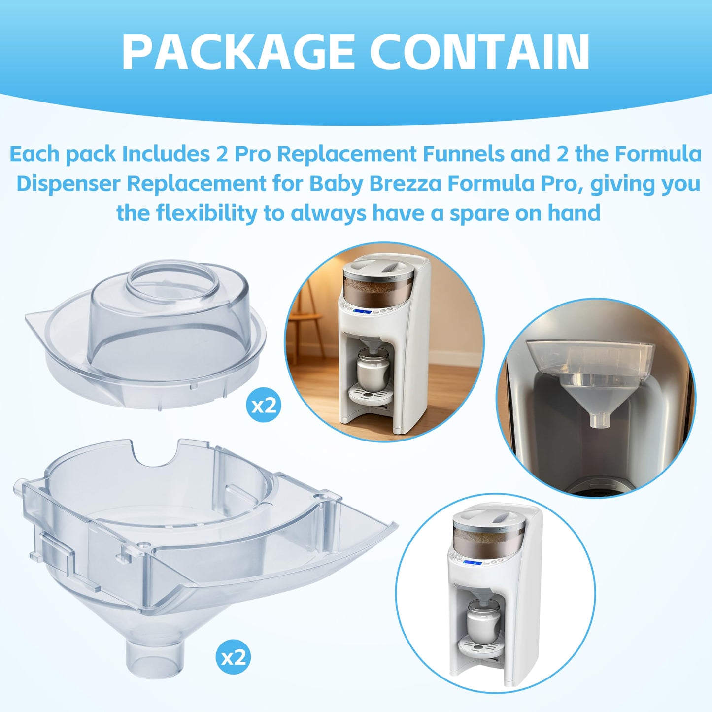 Funnel & Cover Replacement, for Baby Brezza Formula Pro Advanced & Pro Advanced WiFi, 2 Pack