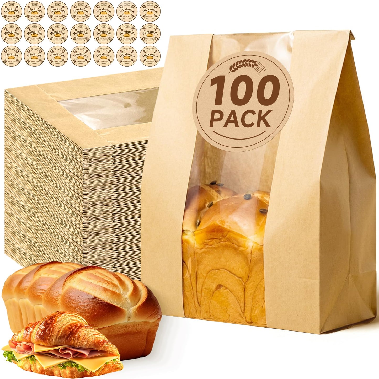 Tripho 100 Pcs Bread Bags for Homemade Bread with Clear Window & 120 Stickers, Sourdough Bread Bags for Storage of Bread,Cookies & Snacks, Large Bakery Paper Bags