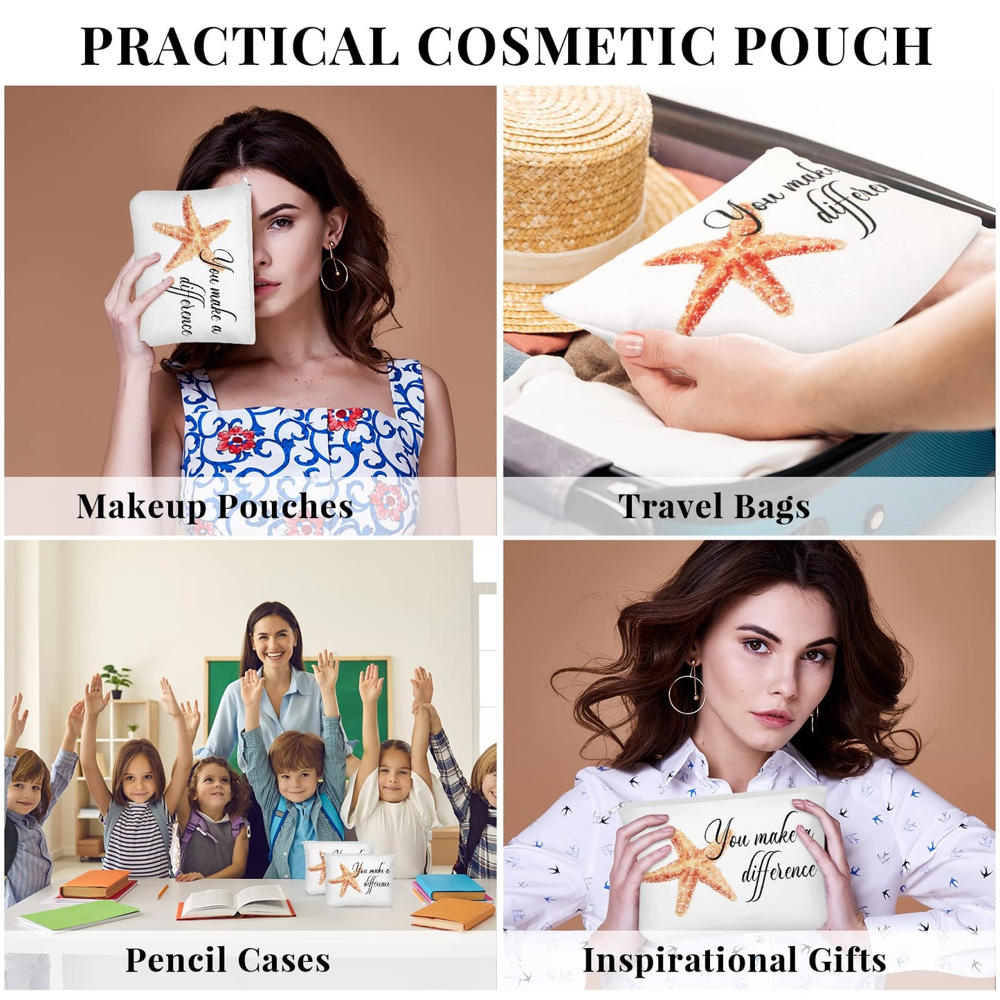 Sieral 20 Pcs Employee Appreciation Gifts Bulk for Volunteer Coworkers You Make a Difference Cosmetic Bags Pouch with Starfish Motivational Cards for Teacher Office Staff