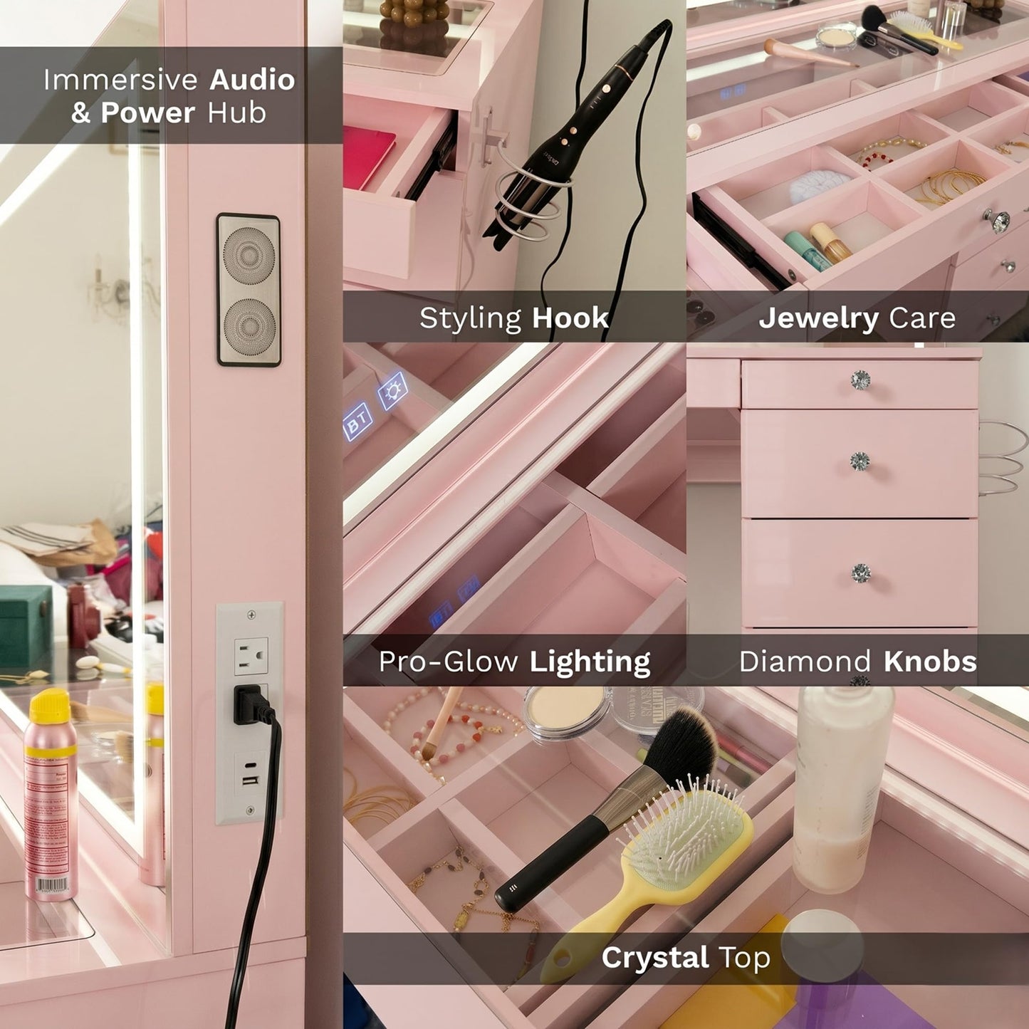 Boahaus Elara Extra-Large Vanity Desk with LED Mirror – Complete Makeup Station with Integrated Power & Built-in Speakers