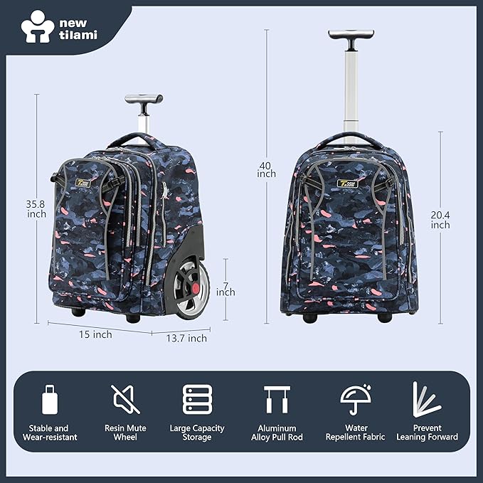 NEW TILAMI 20" Rolling Backpack for Teens Adults, Climbing Stairs Waterproof Backpack with Wheels for School Business Trave Camping with Laptop Compartment, Fit 17 Inch Laptop, Grey Stone
