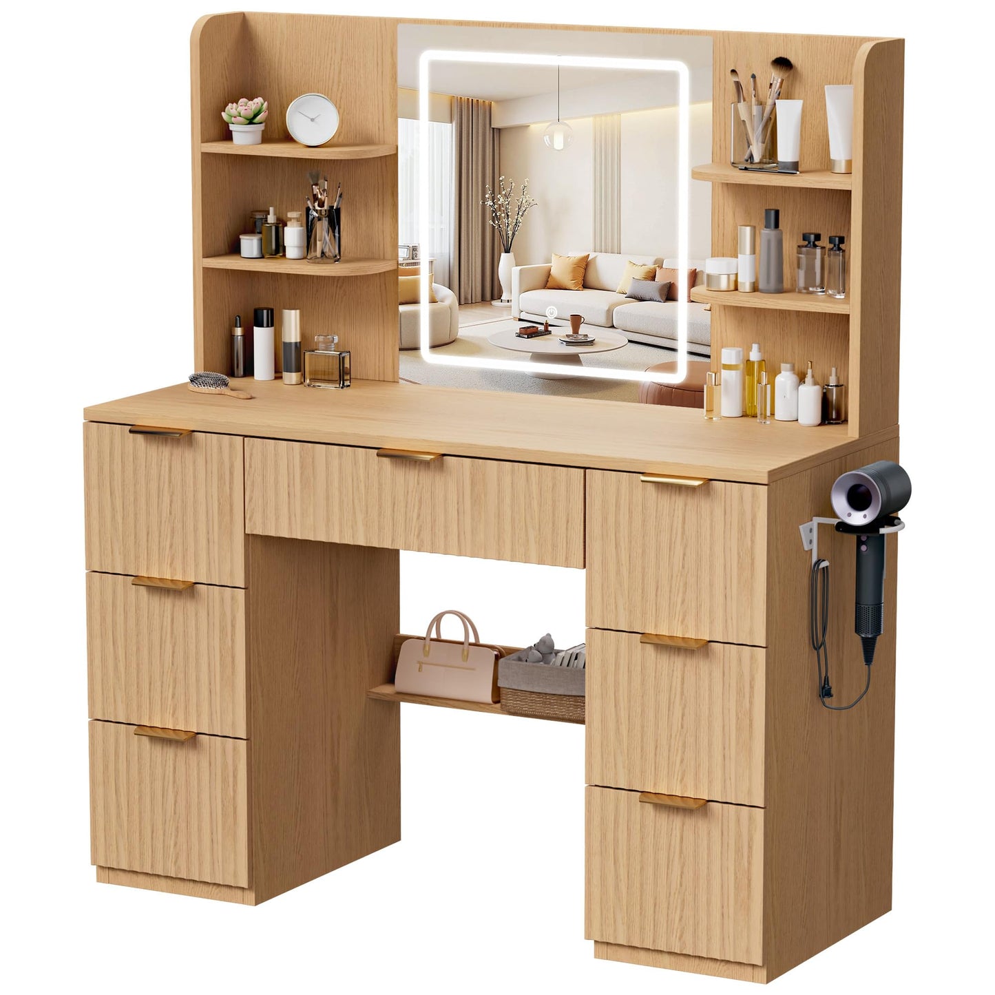 LIVELYGLOW 43" Large Natural Wood Makeup Vanity Desk with Charging Station