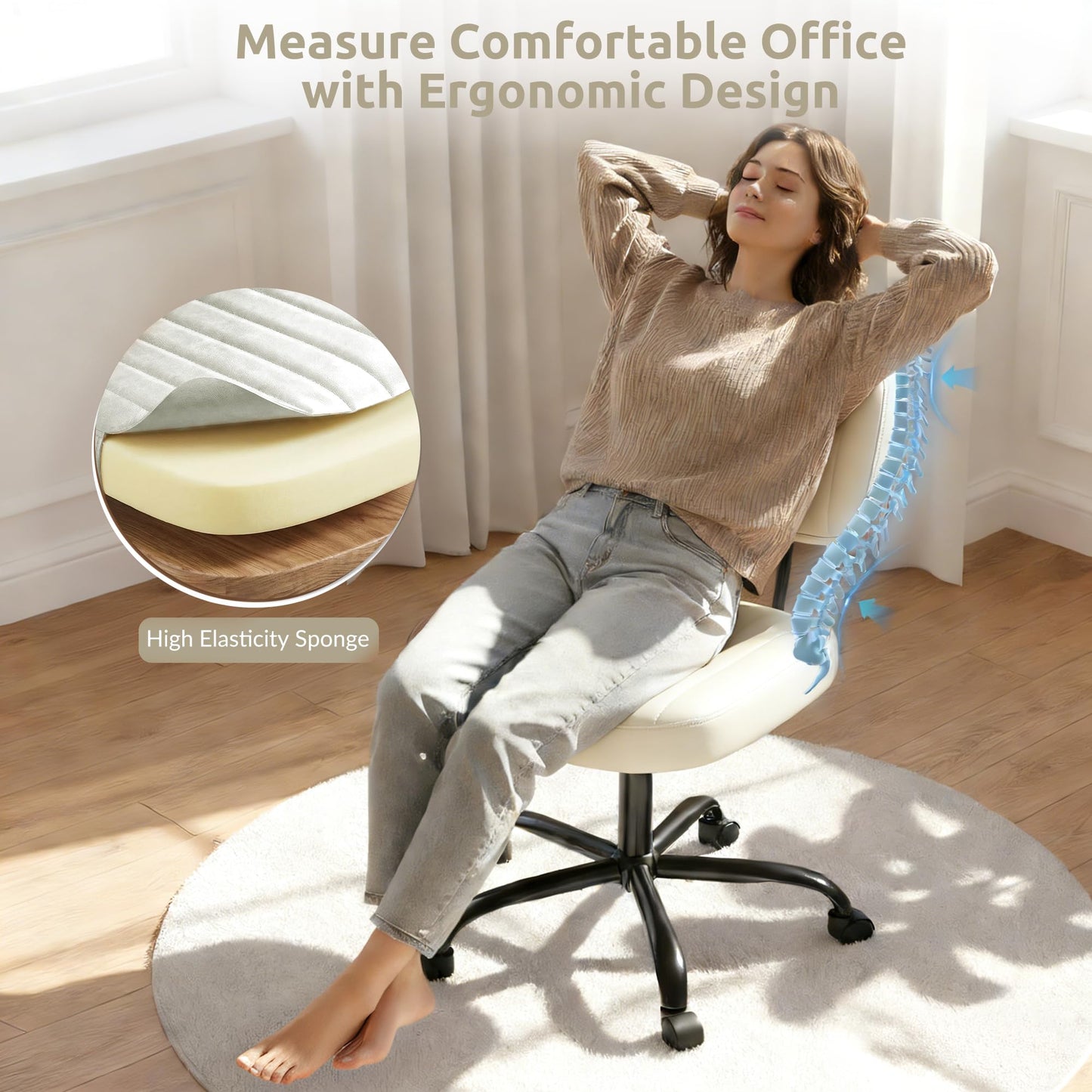 Swivel Rolling Office Chair, Armless Pu Leather Vanity Chair with Back Lumbar Support Height Adjustable Computer Chair, Small Desk Chair for Home Office, Beige White