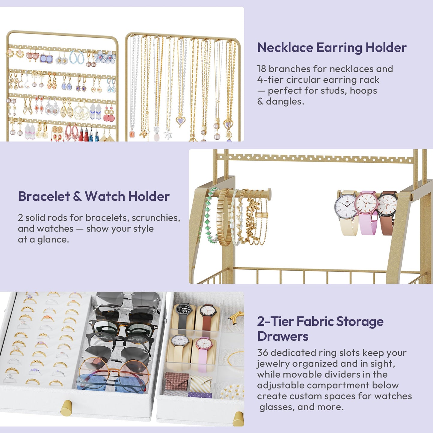 SWTYMIKI Gold Jewelry Organizer Stand - Multifunctional Rack Tower for Necklace, Earring, Ring & Bracelet Display - Moveable Storage Jewelry Holder Stand with 4 Nonwoven Drawers for Bedroom Gold