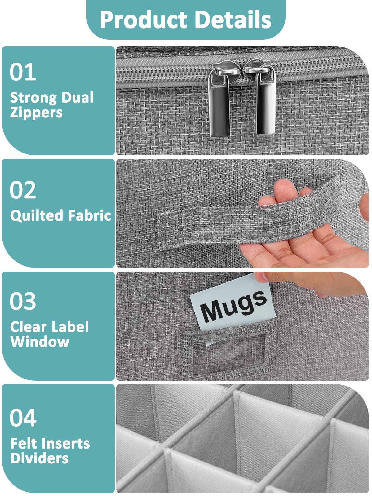 Cirhy Mug Storage Organizer, Hard Shell Coffee & Teacup Storage Box with 12 Padded Compartments, Stackable Portable Cup Storage Organizer for Holiday, Seasonal & Moving Use, 2-Pack, Grey