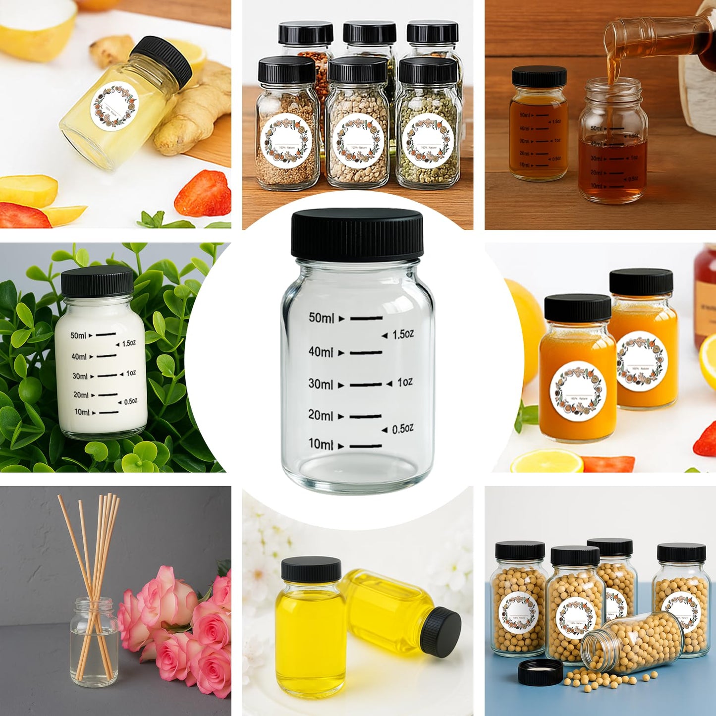 WERTIOO 24 Pack 2oz Glass Jars with Lids - Glass Shot Bottles Set for Liquids, Juicing, Ginger Shot, Sample - Small Containers with Screw Caps - Clear Mini Round Bottles - Leakproof/Wide Mouth