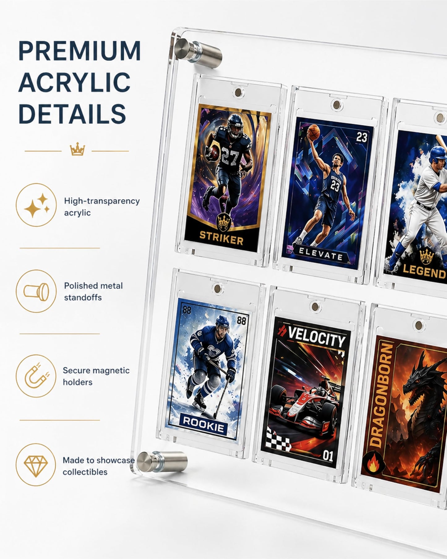Acrylic 8 Card Display Frame with 8 Magnetic UV Protection Card Cases, Wall Mounted & Desktop Trading Card Display Stand for Sports Cards, Baseball Cards, Football Cards, Basketball Cards, TCG Cards