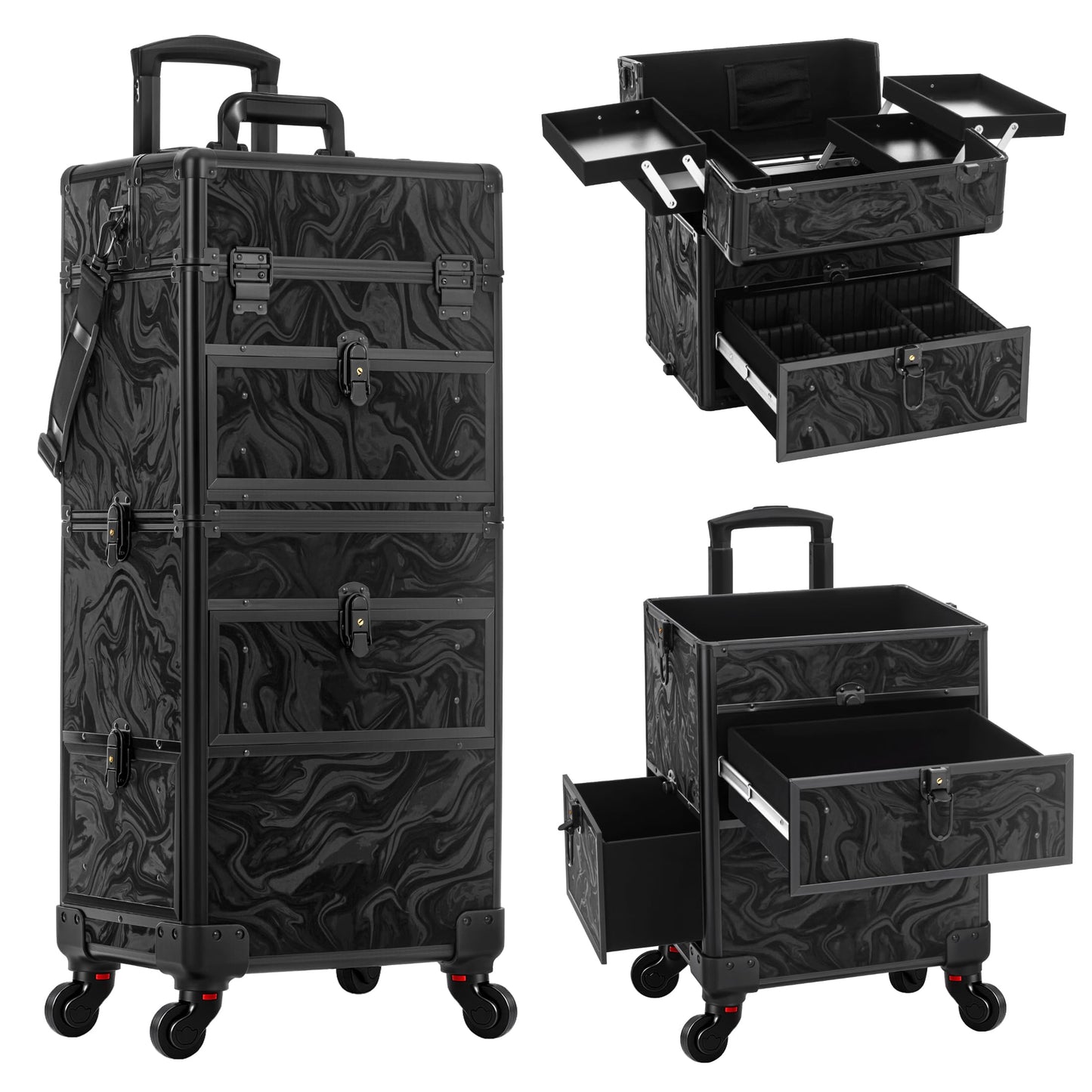 AROUS Rolling Makeup Case with 3 Drawers, Cosmetology Case on Wheels 5 IN 1 Makeup Train Case Make Up Organizer for Artist Salon Nail Teach Trunk,Ink