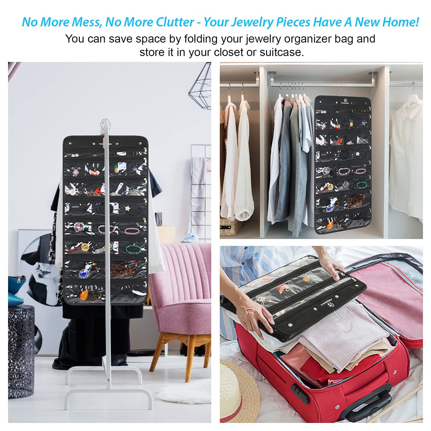 Freegrace Hanging Jewelry Organizer with Secure Zipper Closure - 360° Revolving Hanger, 25 Clear Pockets, 23 Necklace Hooks - Foldable Travel Storage & Closet Display (Black)
