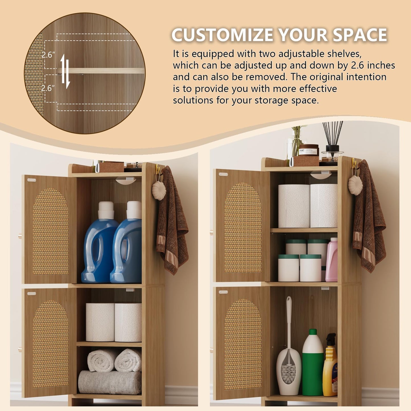 Arbuxzuy Rattan Bathroom Storage Cabinet,Corner Floor Cabinet with 2 Doors and Adjustable Shelf, Narrow Toilet Paper Cabinets with 2Hooks,Toilet Organizer for Small Spaces,7.87"D*9.84"W*29.72"H Oak