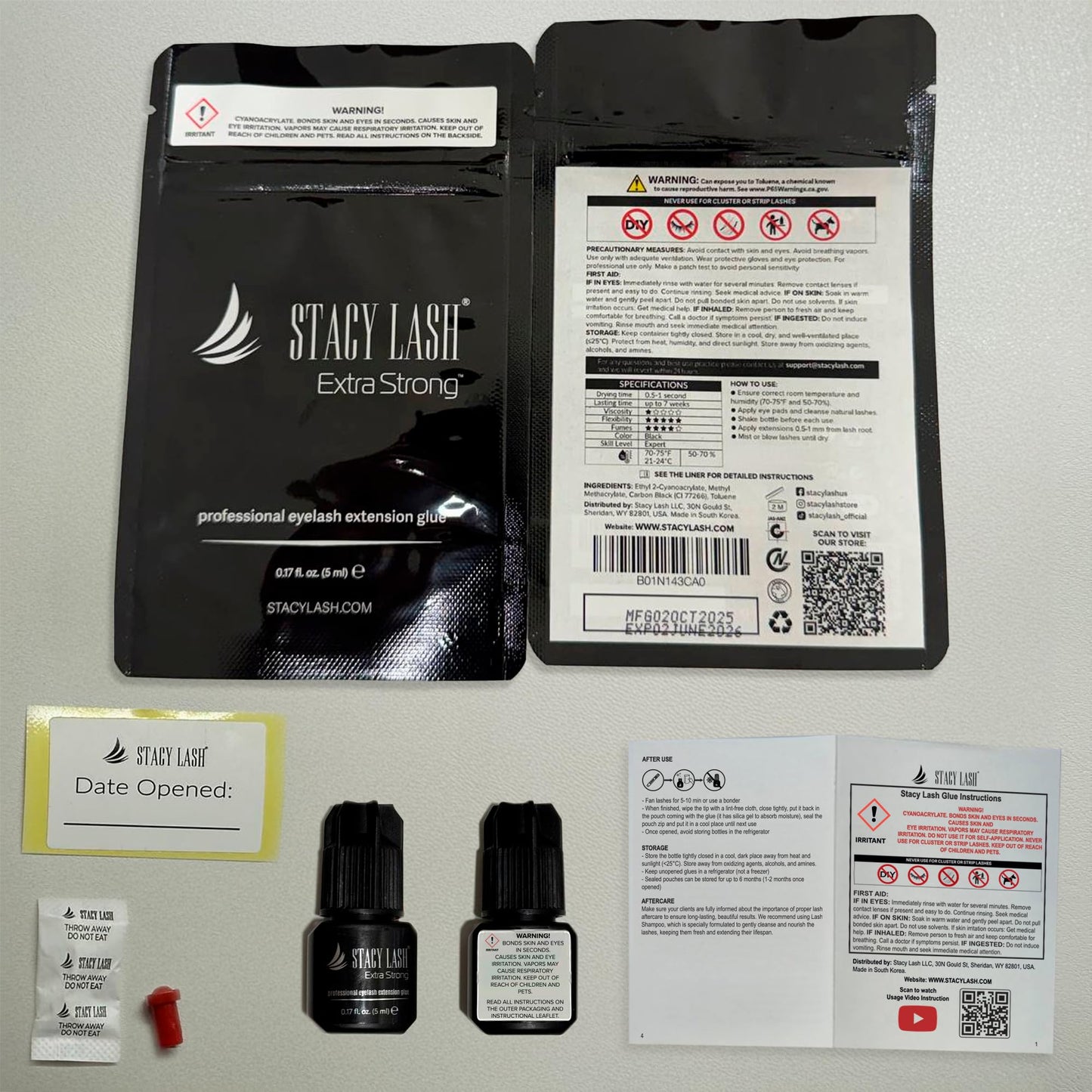 STACY LASH Extra Strong Lash Extension Glue (0.17fl.oz / 5ml) / 0.5-1 Sec Dry/Retention – 8 Weeks/Black Adhesive/Professional Supplies for Eye Lash Extensions