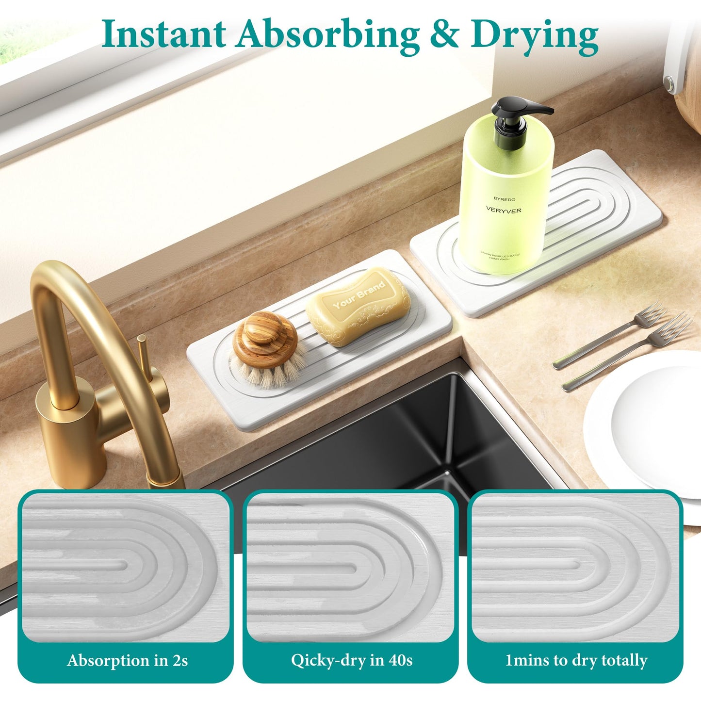 Water Absorbing Stone Tray, Quick Drying Diatomite Bathroom Tray Countertop, Stone Drying Mat for Kitchen Counter, Soap Dish Dispenser Vanity Organizer, White-A-12.2" x 4"