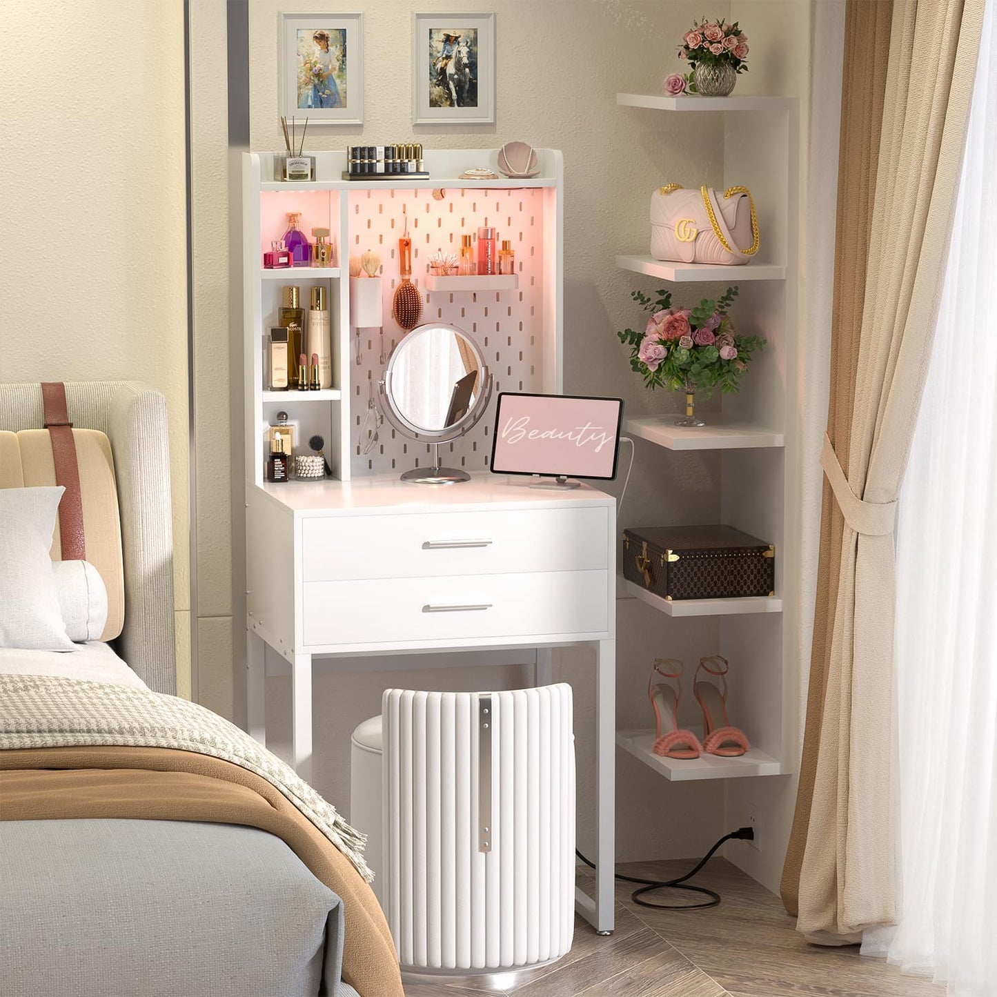 Besiost Small Vanity Desk with Hutch and Drawers, White Makeup Vanity Desk with Charging Station, Vanity Table Dressing Table with LED Lights, Vanity Desk No Mirror with Pegboard for Girls Women, 24"