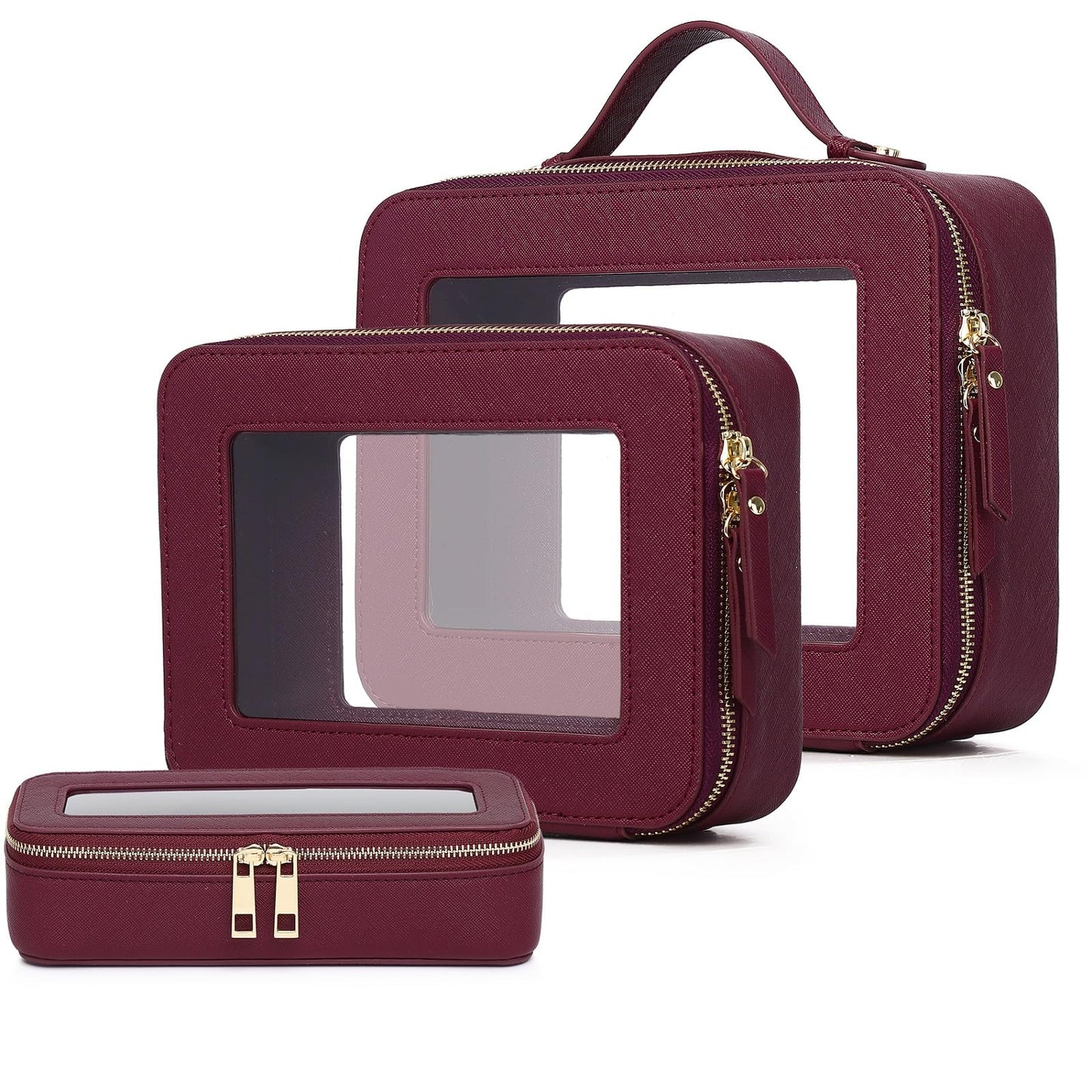 Pinkmik Clear Makeup Bag with Brush Bag 3pcs Waterproof Travel Case for Cosmetics and Toiletries Women's Makeup Organizer with Zipper (X/Burgundy, L+M+SLIM)