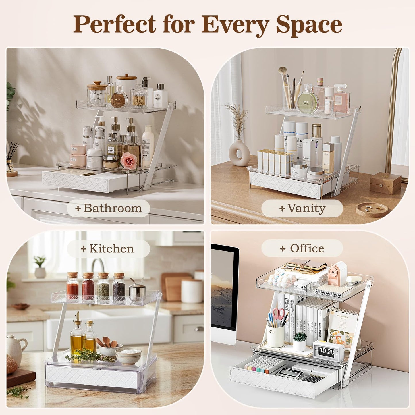 3-Tier Bathroom Countertop Makeup Organizer - Big Make Up Storage with Slide-Out Tray & Bottom Drawer, Transparent Acrylic for Cosmetics Brushes Lipsticks Skincare