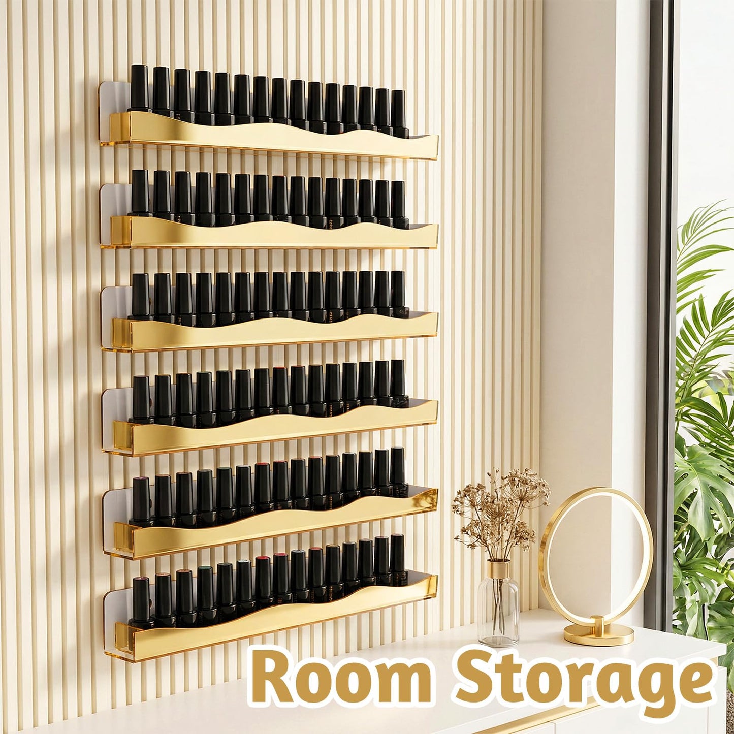 KongTiva 6 Pack Wall Mounted Nail Polish Organizer Rack, 15 Inch Gold Mirror Nail Polish Shelf with Stopper Multi-Purpose Shelf for Essential Oils Cosmetics Storage Display Rack for Salon Bathroom