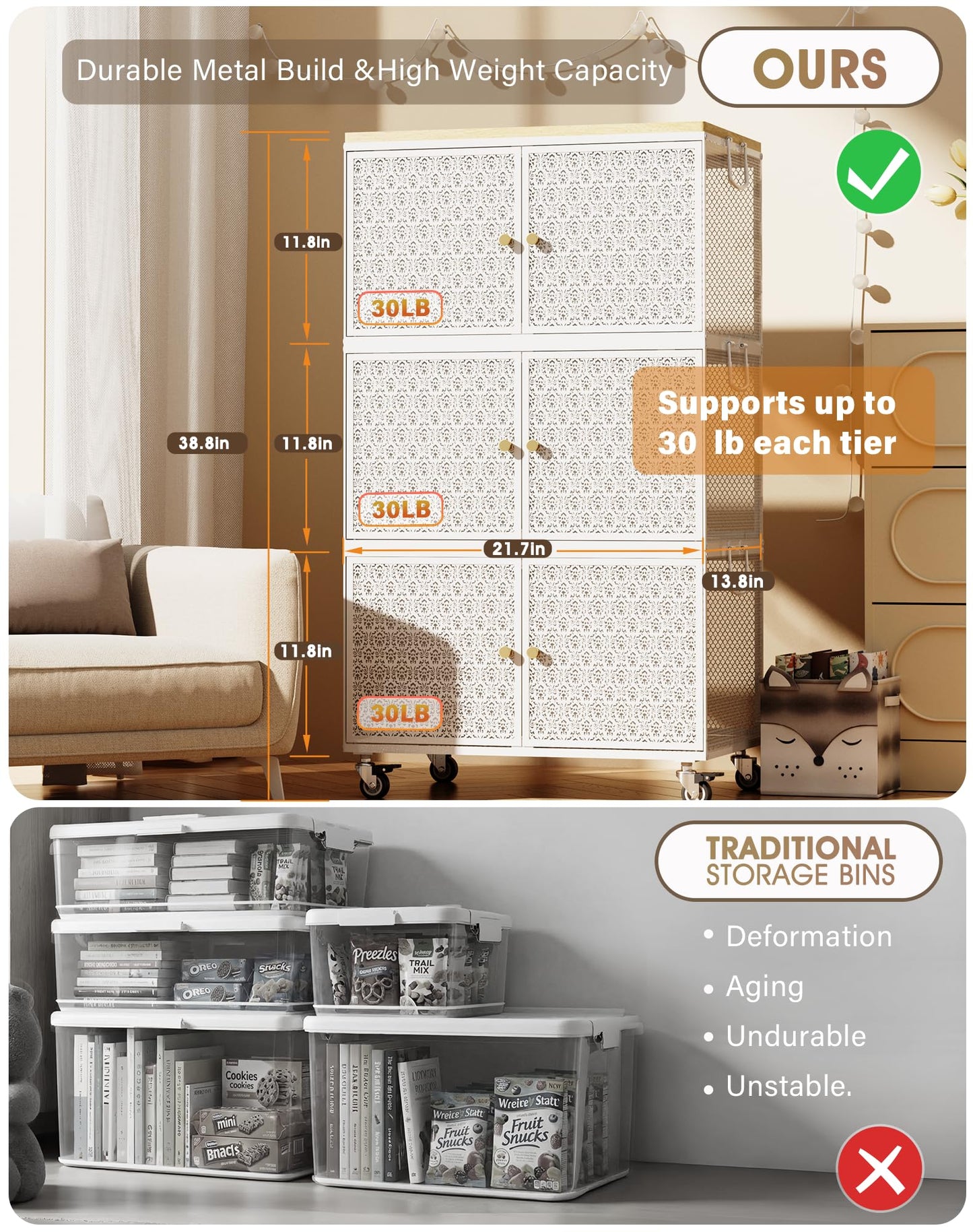 3 Tier Metal Storage bins with wheels, Storage Bins with Magnetic Doors, Storage Cart for Living Room
