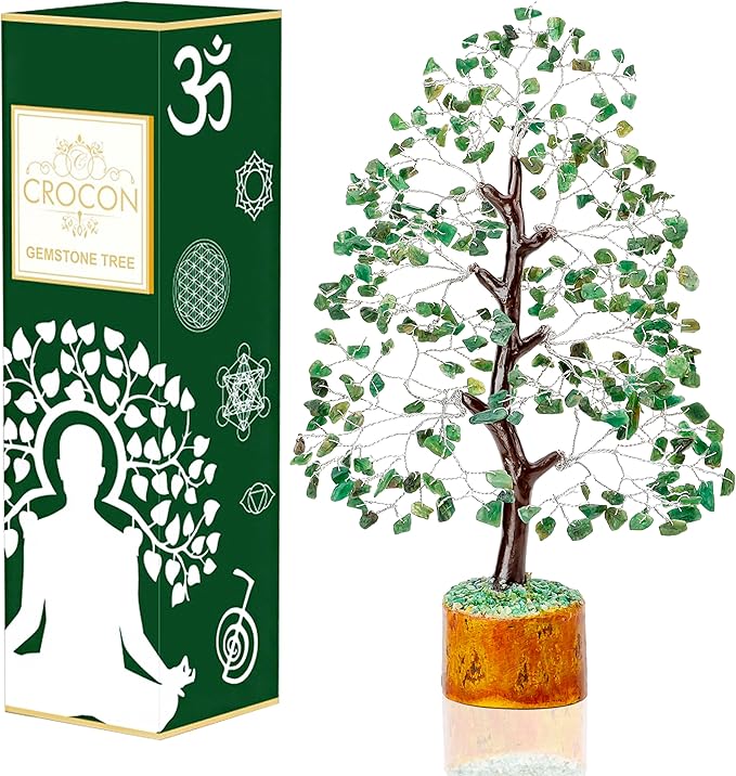 Crocon Green Aventurine Gemstone Tree Feng Shui Figurine Money Bonsai Chakra Balancing Good Luck Reiki Healing Crystals Decoration Ornament Sculpture Prosperity Table Decor Gift Size 10-12"""