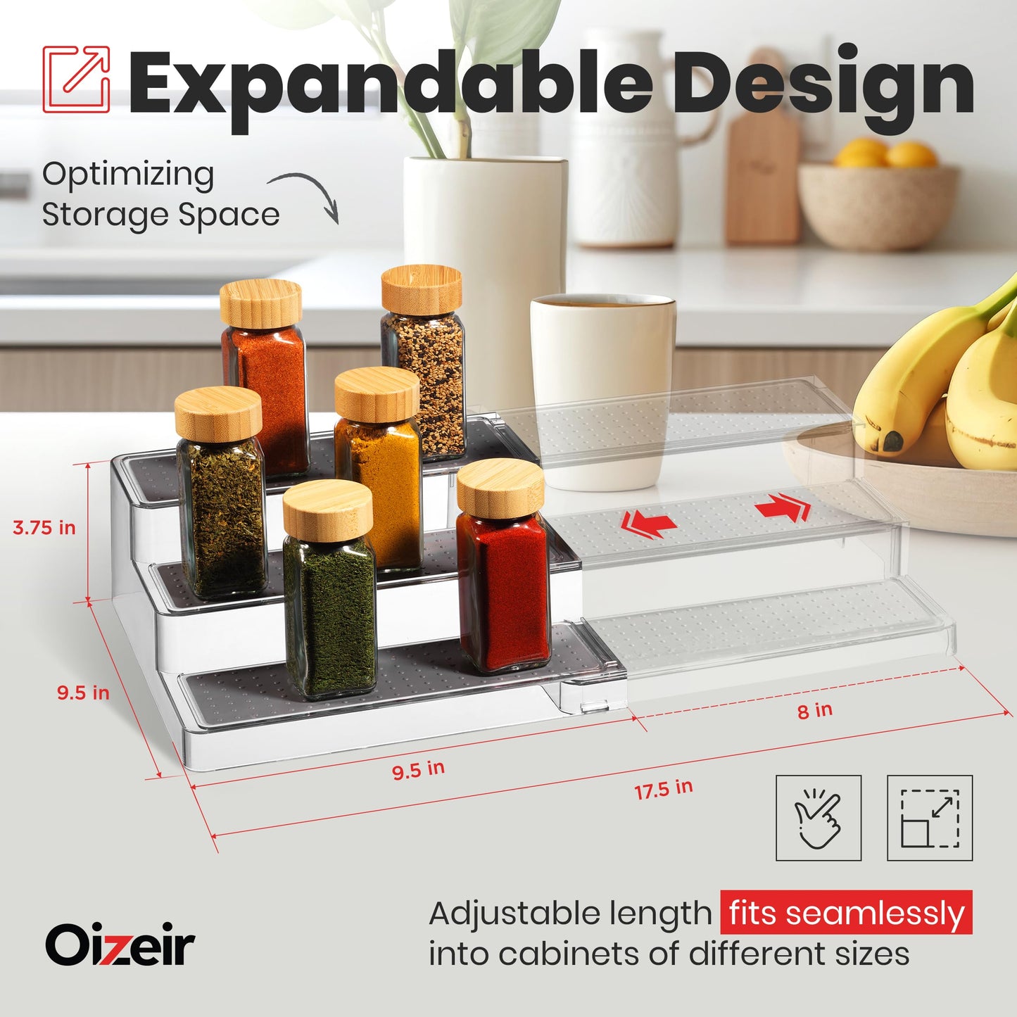Oizeir Expandable Spice Rack Organizer for Cabinet (2 Pack), 3-Tier Clear Tiered Shelf, Non-Slip Adjustable Spice Cabinet Organizer for Kitchen Pantry, Medicine, Seasoning & Bottle Storage