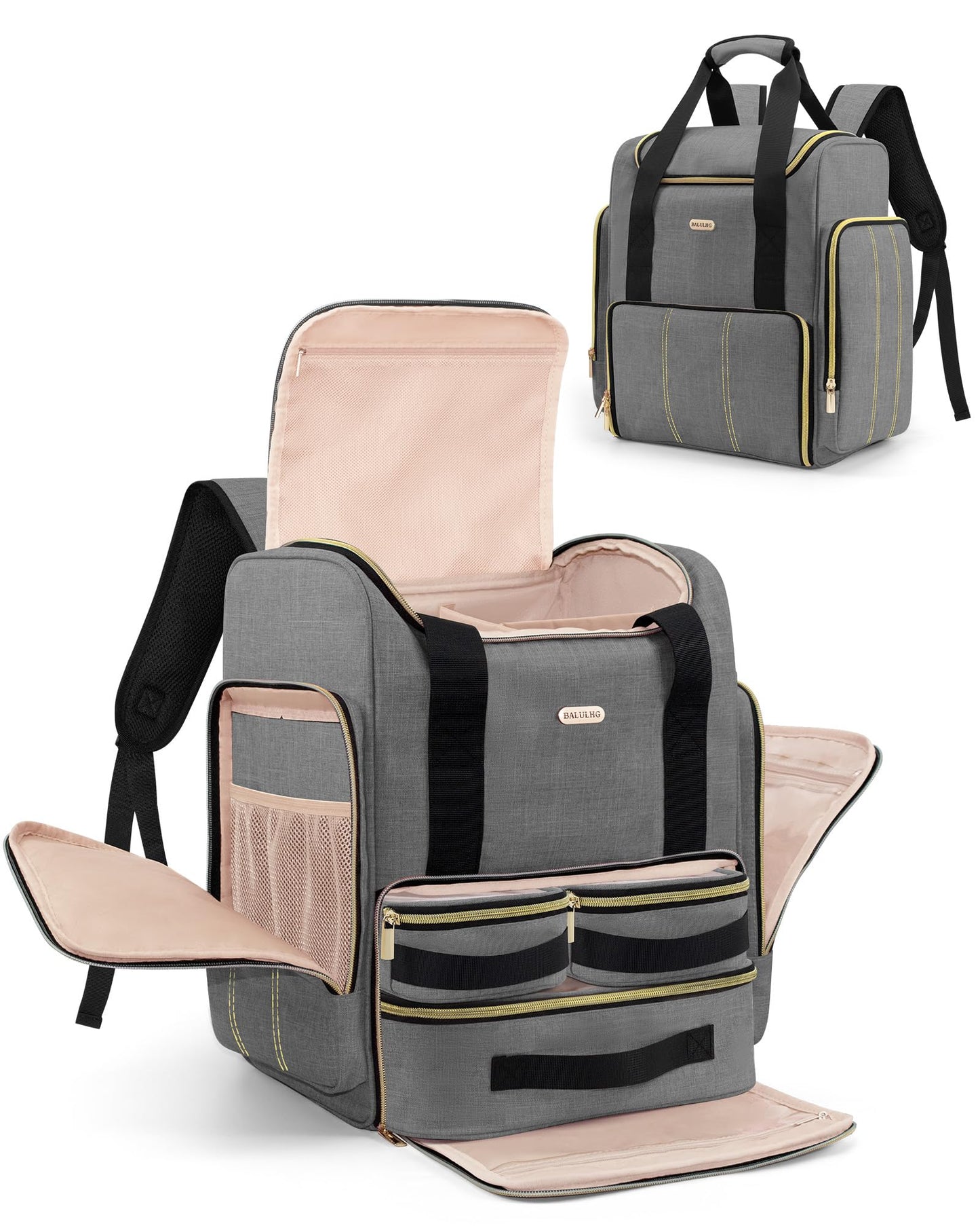 BALULHG Large Portable Travel Makeup Bag with 3 Removable Transparent Case, Dual-Shoulder Multi-Functional Cosmetic Bag,Double Layer Big Capacity Makeup Bag Backpack, Patent Pending