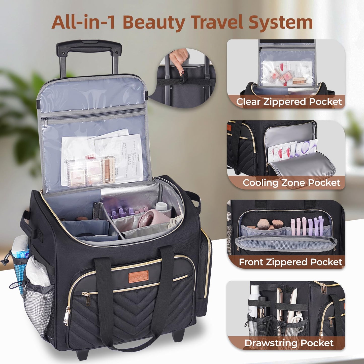 INSMEER Rolling Makeup Train Case with 3 Removable Clear Bags and 1 Shoulder Bag,Makeup Artist Hairstylists Bags Cosmetic Storage Organizer with Adjustable Dividers