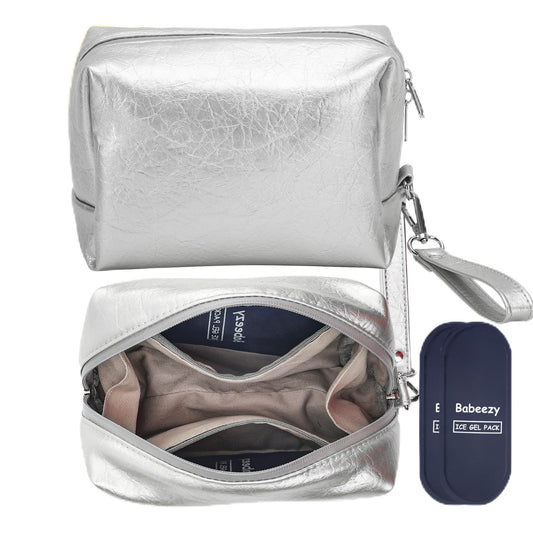 Babeezy Insulated Makeup Bag with 2 Reusable Ice Packs Heat-Resistant Cosmetic Travel Pouch, Silver Vegan Leather Organizer with Water-Resistant Double Zipper & Wrist Strap(Small: 7.5 x 4.0 x 5.0 in)