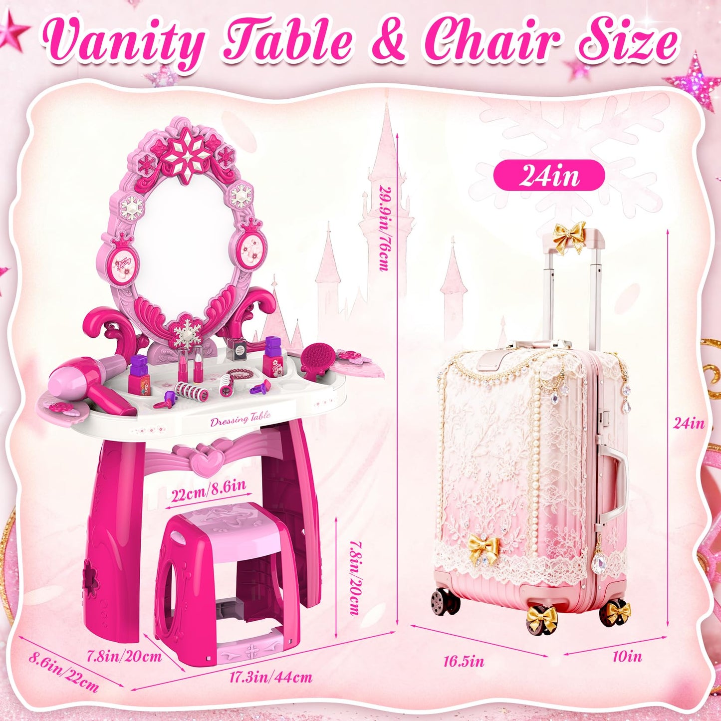 Toddler Vanity Kids Vanity Table and Chair Set, Girls Makeup Table with Mirror Lights & Music, Pretend Play Dress Up Toys with Hair Dryer, Princess Crown & Wand, Storage Bag, Gifts for Girls Age 3 4 5