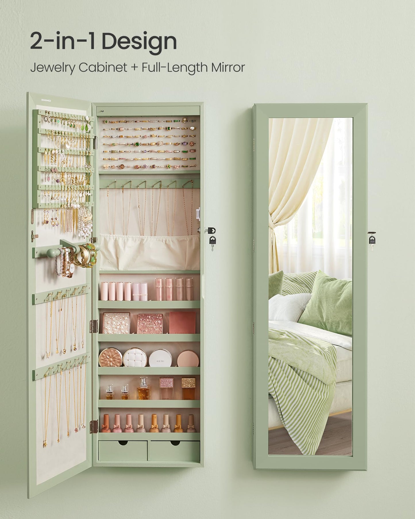 SONGMICS 6 LEDs Mirror Jewelry Cabinet, 47.2-Inch Tall Lockable Wall or Door Mounted Jewelry Armoire Organizer with Mirror, 2 Drawers, 3.9 x 14.6 x 47.2 Inches, Laurel Green UJJC093C01