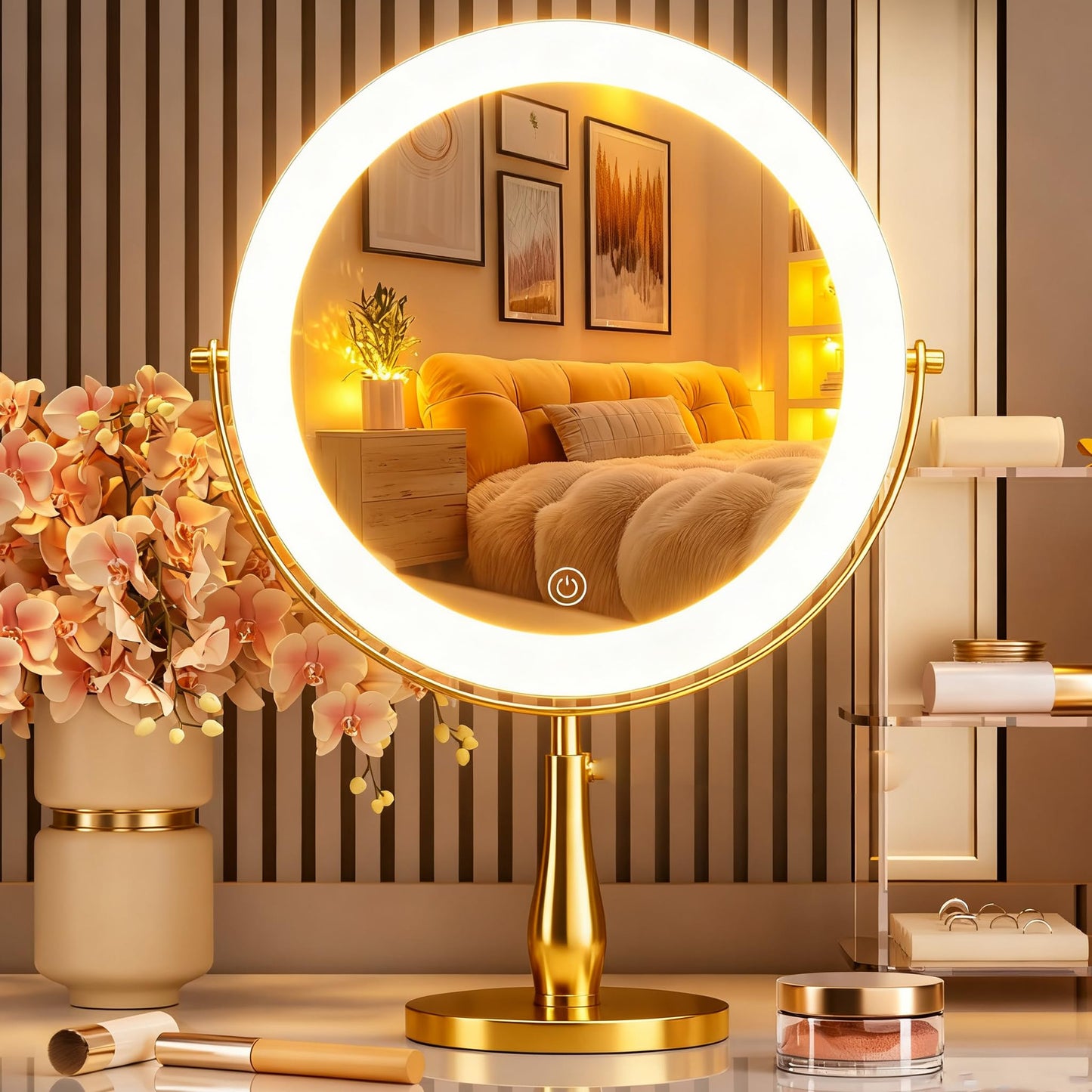 DEXHOM Professional 8" Large Lighted Makeup Mirror with Brighter Lights, 1X/10X True HD Magnifying Mirror with 3 Color Dimmable Lights, 92 Shadowless LEDs, 360°Swivel Seamless Vanity Mirror, Gold