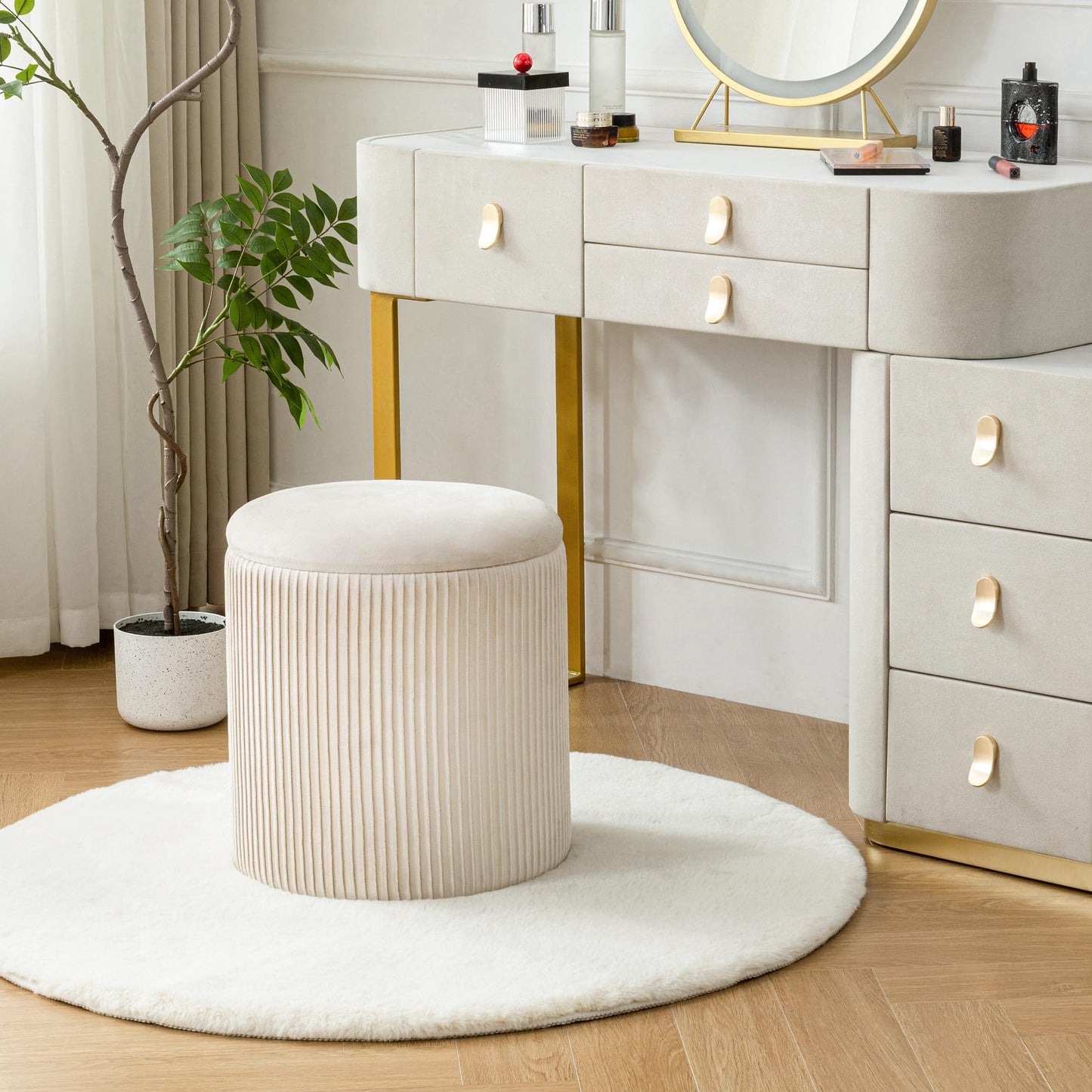 NicBex Round Ottoman with Storage Set of 2, Velvet Foot Stools, Multifunctional Upholstered Vanity Stool, Padded Storage Ottoman for Living Room & Bedroom, Beige