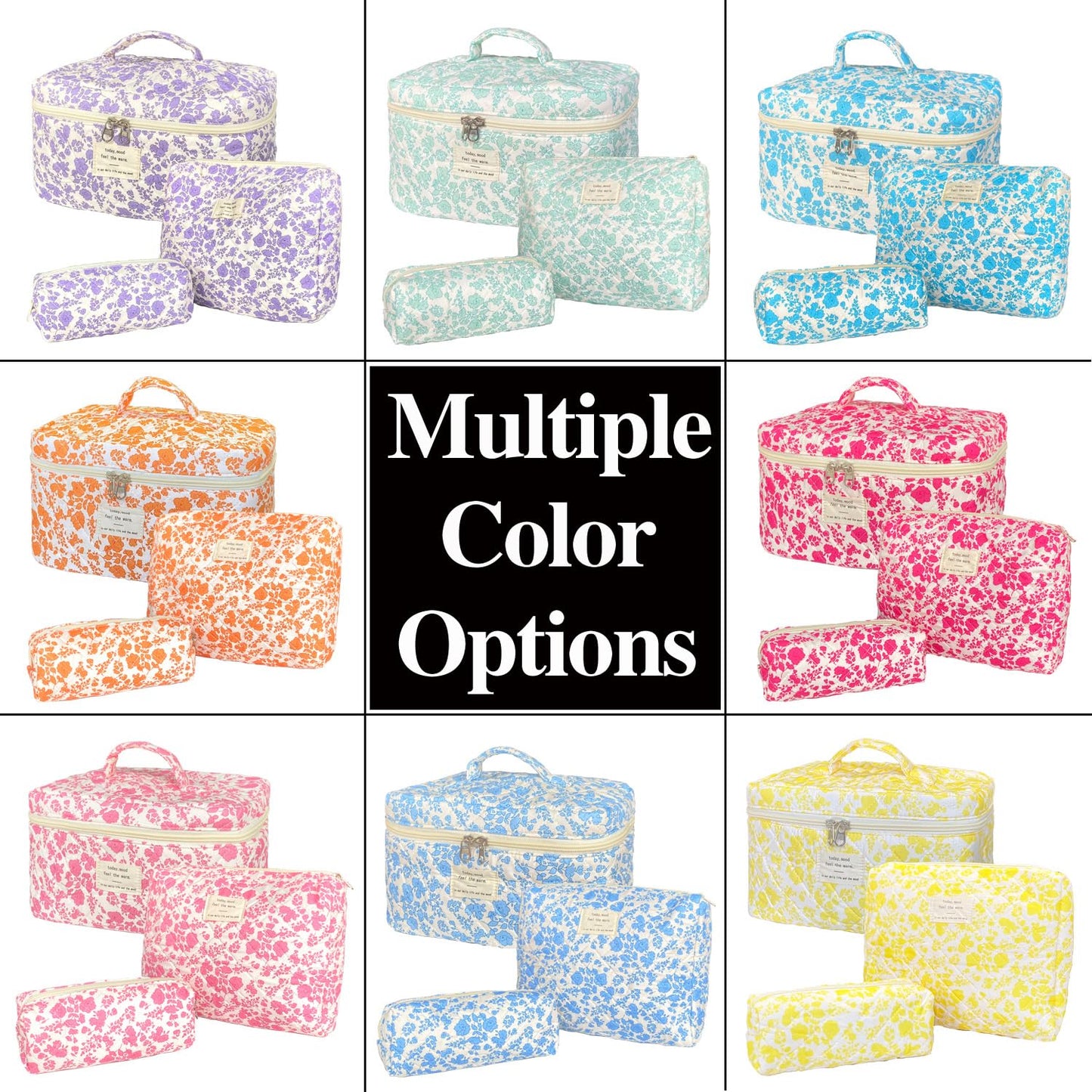 WYJ Purple Large Quilted Floral Makeup Bag Set of 3 Cute Coquette Aesthetic Cosmetic Bag Set Travel Toiletry Bag for Women