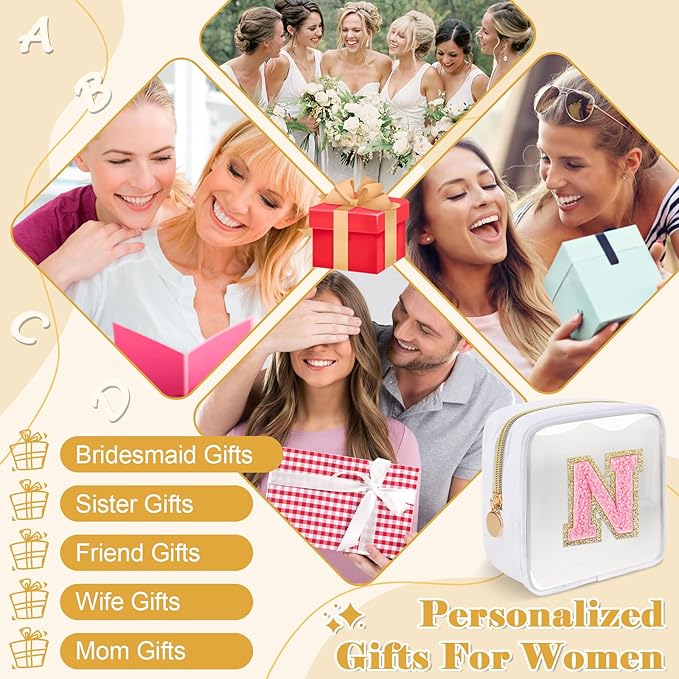 Personalized Initial Letter Clear Preppy Makeup Bag,Mini Nylon Chenille Letter Cosmetic Bag Cute Zipper Pouch Purse for Teen Girls,Portable TSA Approved Beach Travel Essentials Bag Gift for Women,N