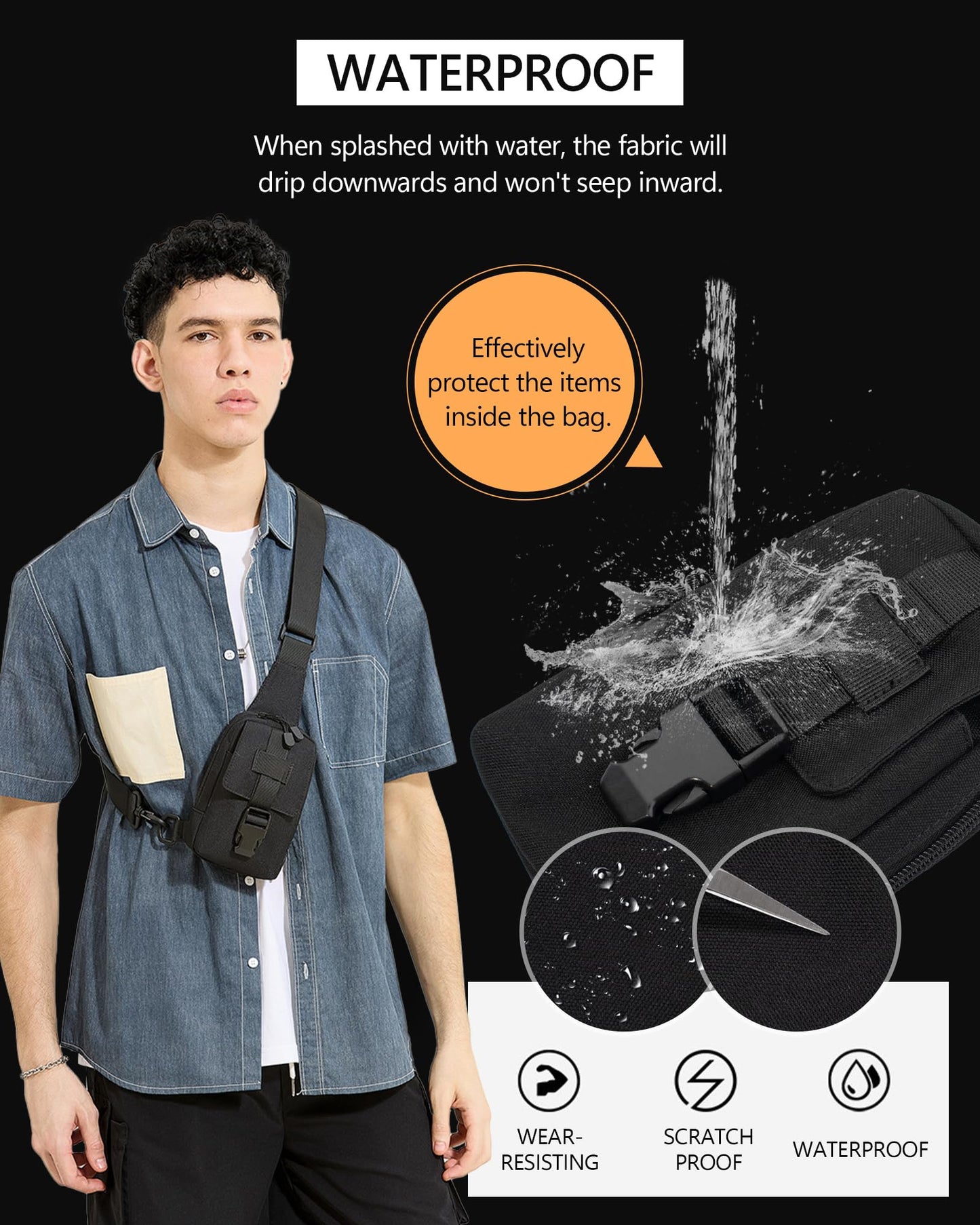 Peicees Small Sling Bag for Men, Tactical Inspired Waterproof Utility EDC Mini Crossbody Chest Bag for Travel Work Sport, Canvas Black