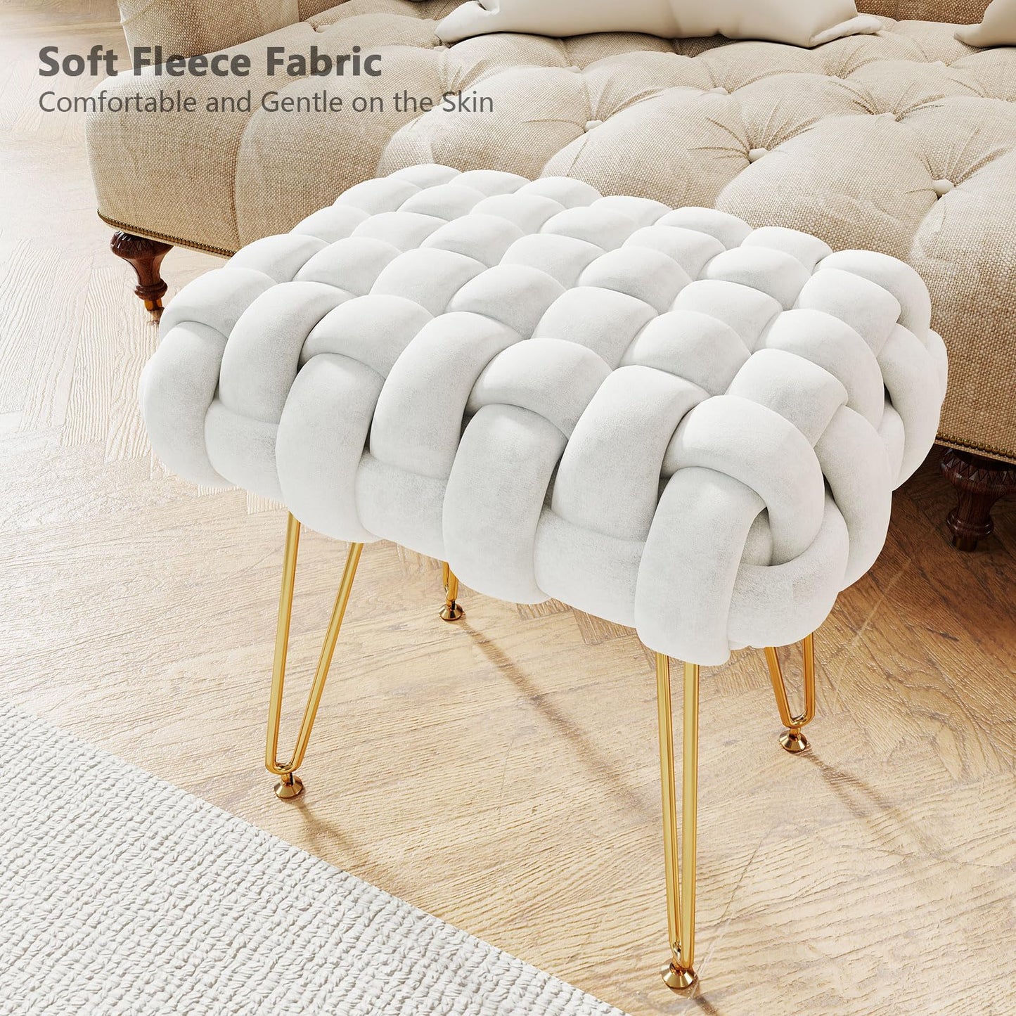 Sefulei Upholstered Velvet Vanity Stool, Hand-Woven Makeup Vanity Chair with Gold Metal Legs, Modern Foot Stool Ottoman for Living Room Bedroom, Easy Assembly (White)