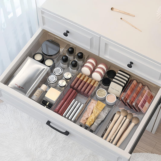 Expandable Drawer Storage Box with 6 Removable Dividers - 2.04" Depth for Light Drawers, Kitchen Utensils, Cosmetics, Office Supplies Organizer (10.43" Length, 20.27" Width)