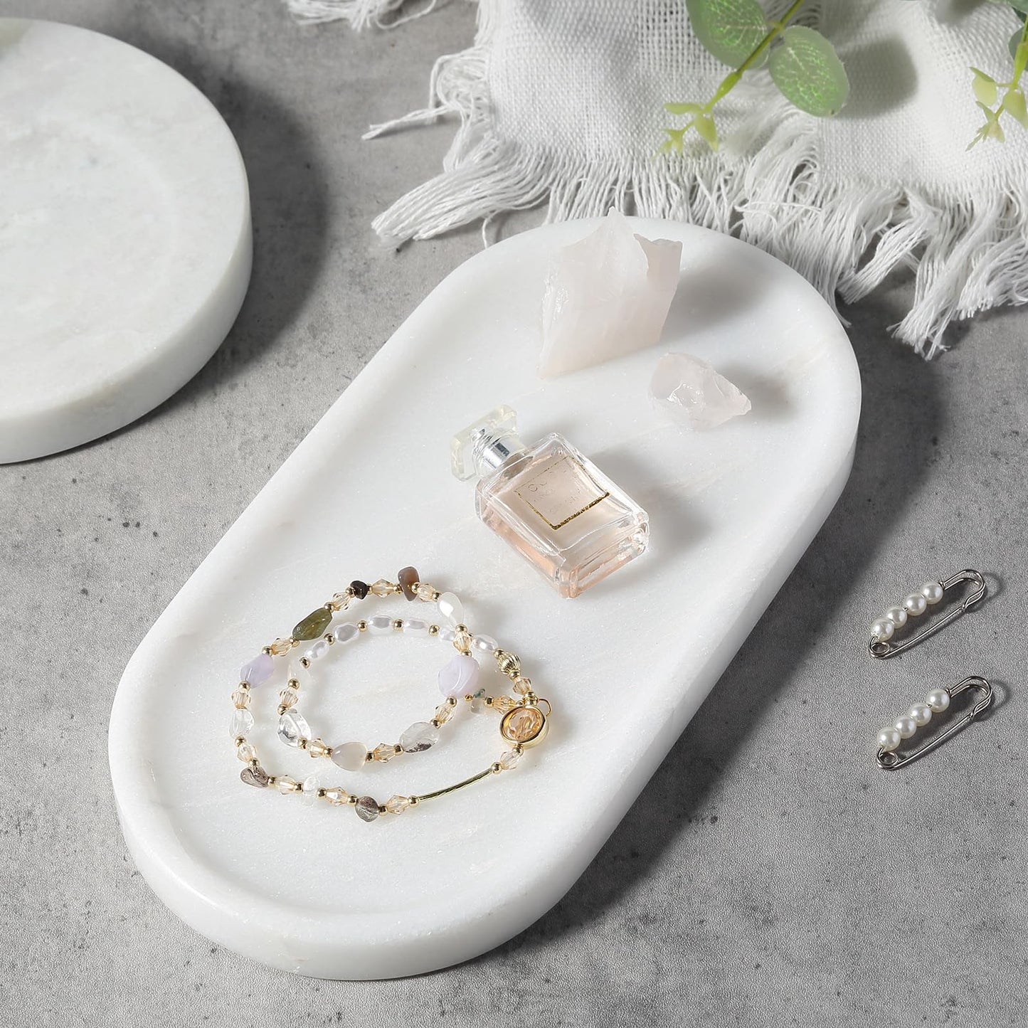 Koville African Natural White Marble Decorative Tray, 10" x 5" Marble Vanity Tray for Bathroom Countertop Organizer Stone Trays, Catchall Tray for Perfume, Candles, Jewelry (Namib Bianco White)