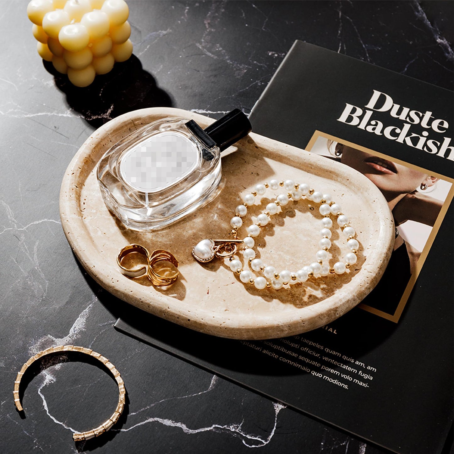 N NANSHOP Natural Travertine Tray, Special-Shaped Jewelry Tray, Marble Ring Dish for BathroomCountertop, Nightstand,Dressing Table, Bedside Table, Home Decor, Beige(Middle)(NS025)