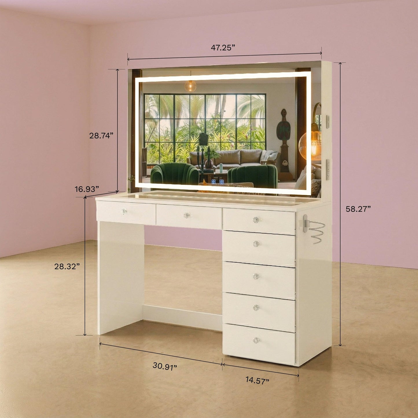 Boahaus Luna Vanity Desk with LED Lighted Mirror – 7 Drawer Integrated Makeup Station