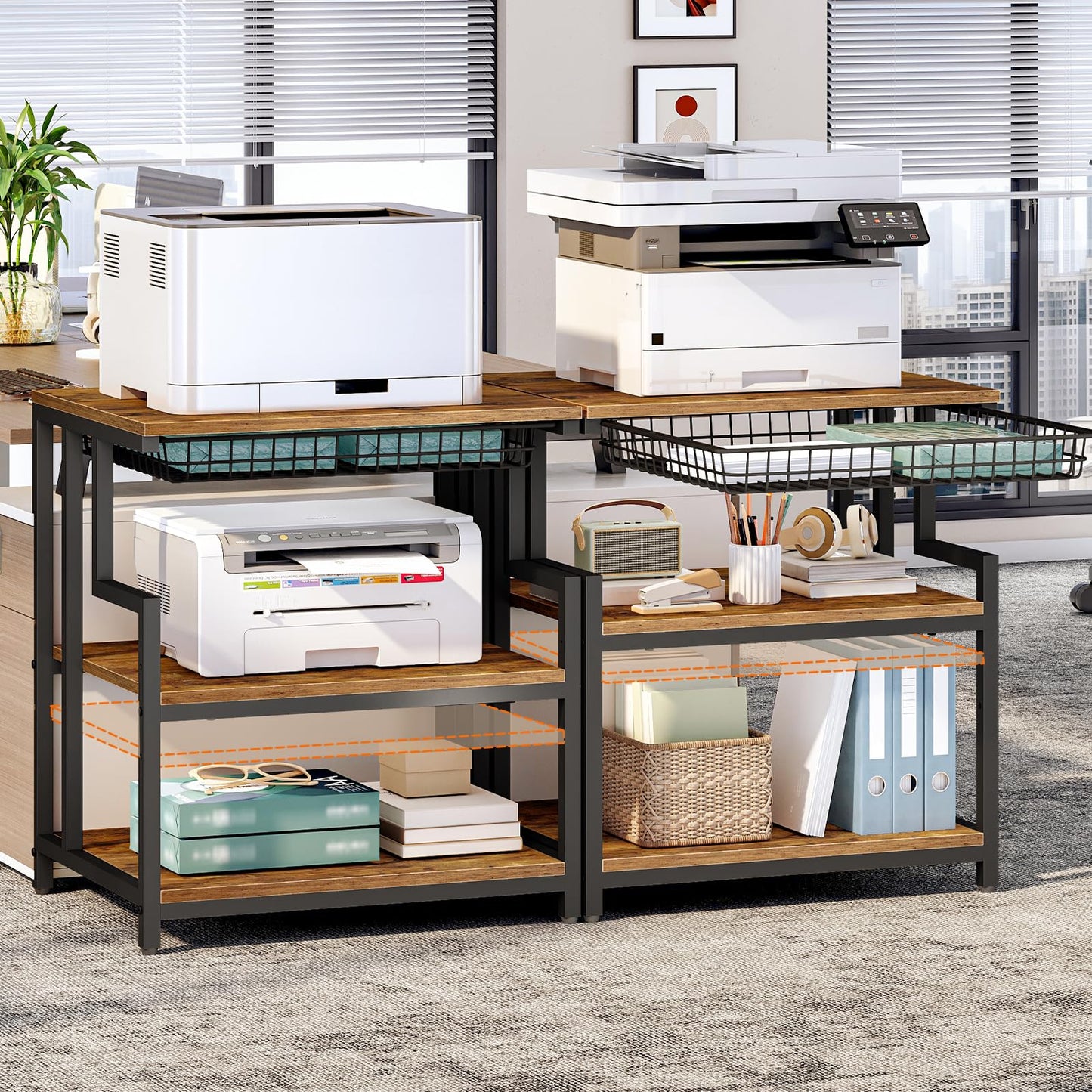 HOOBRO 23.6'' x 19.7'' Extra Large Printer Stand with Drawer, Printer Table with Adjustable Shelf, 3-Tier Printer Cart with Storage, for Heat Press Scanner Fax, Rustic Brown and Black BF10PS01