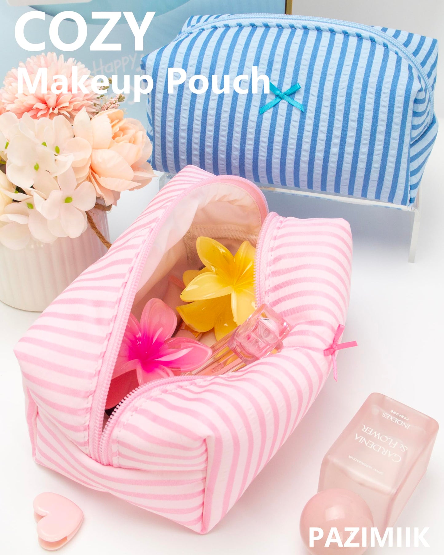 PAZIMIIK 6PCS Cozy Makeup Bag Small Aesthetic Travel Zipper Cosmetic Pouch for Women Make Up Beauty Accessories Brushes, Stripe Cute Pink