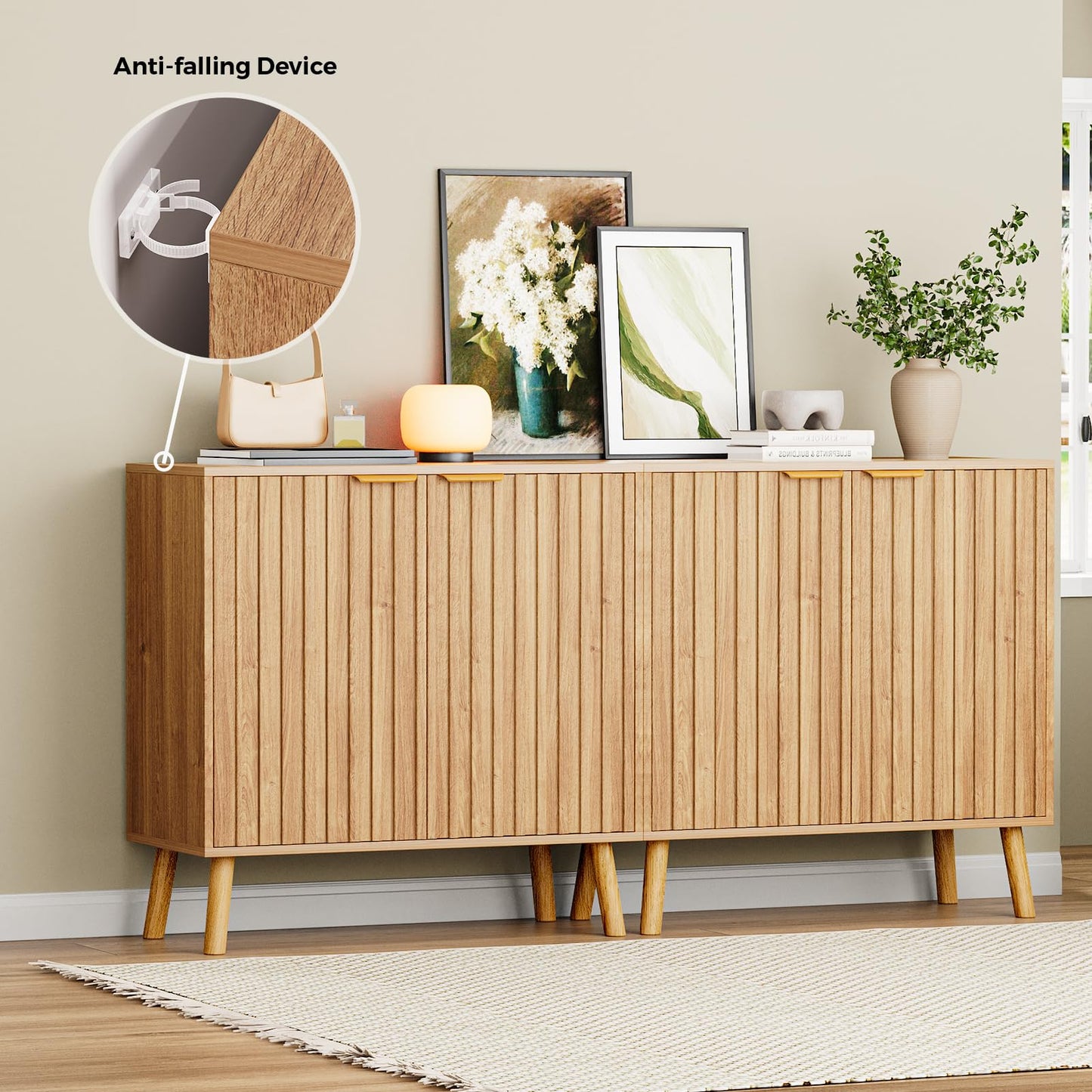 REHOOPEX Fluted Storage Cabinet, Buffet Cabinet with Storage, Wood Sideboard with Adjustable Shelf, Modern Accent Cabinet & Console Table for Entryway, Living Room, Dining Room, Natural
