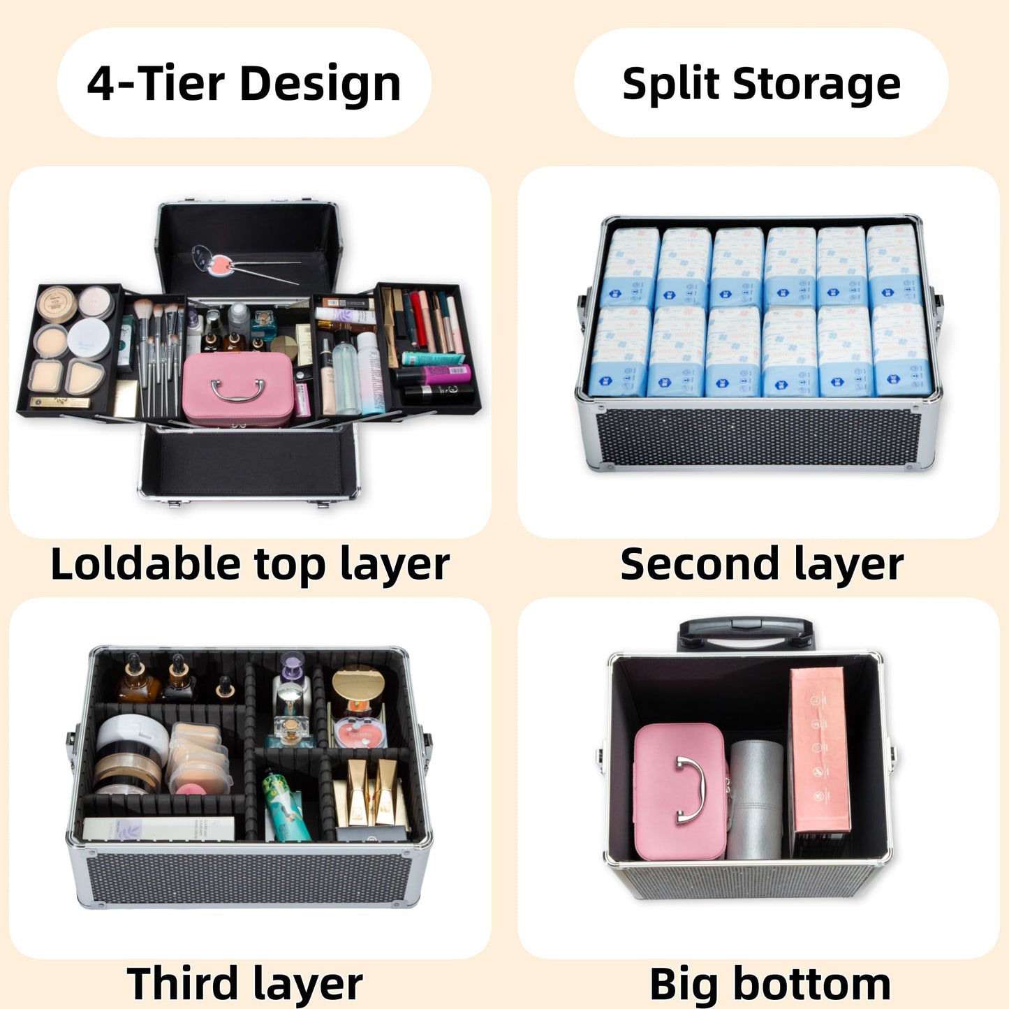 Gdsshuhung Makeup Rolling Train Case - Professional Cosmetics Organizer with Aluminum Frame, Folding Trays & Wheels, Portable for Travel & Studio (Black Diamond)