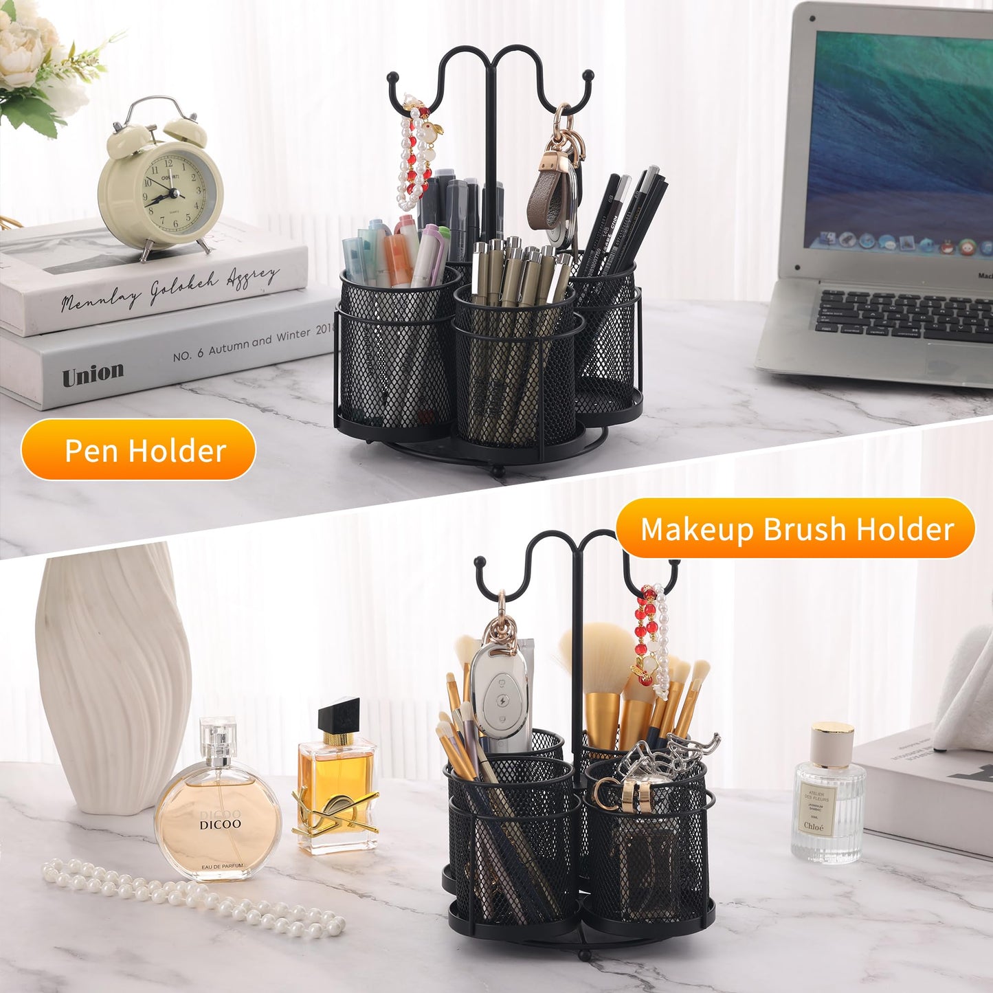 ifory 360° Rotate Makeup Brush Holder Organizer, 4-in-1 Metal Mesh Makeup Organizers Countertop with Jewelry Rack, Makeup organization and Skincare Storage for Vanity, Desktop, Bathroom (Black)