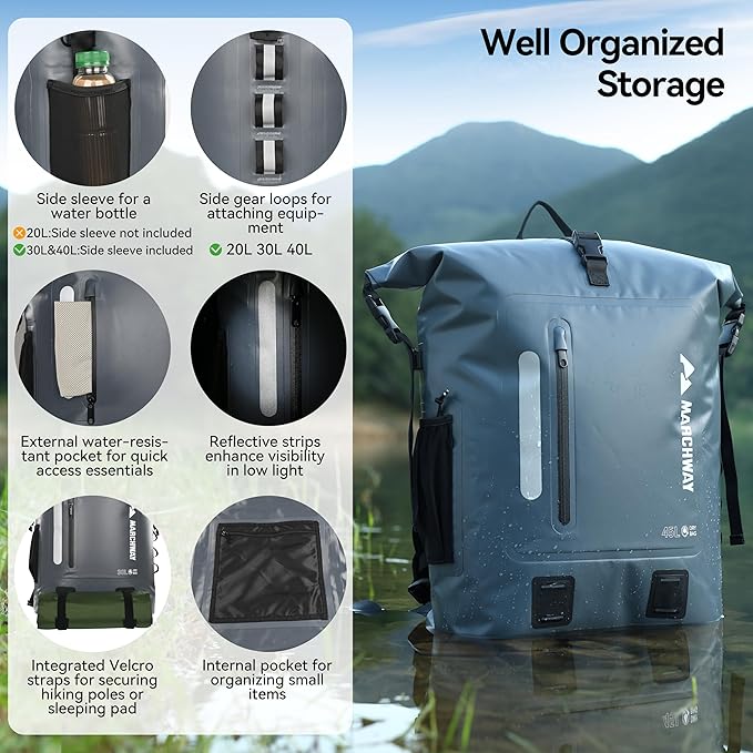 MARCHWAY Roll Top Waterproof Backpack, Floating Dry Bag 20L/30L/45L with Ergonomic Rectangular Base, Cushioned Back, Hip Strap for Hiking Camping Kayaking Travel (Grey, 45L)