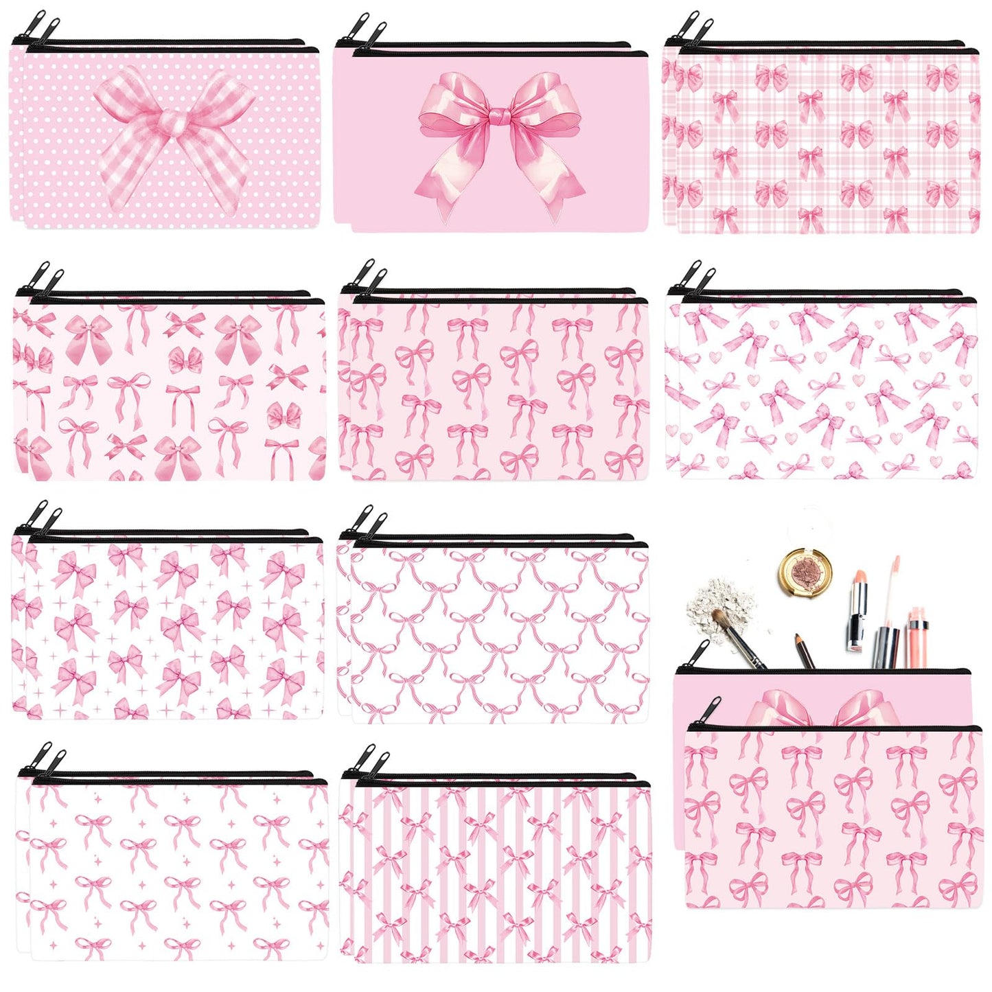 Reginary 20 Pcs Makeup Bags Gifts for Women Canvas Cosmetic Bags with Zipper Bulk Gift for Women Travel Purse Organizer Pouch Accessory, Toiletry Large Capacity, 7 x 4.3 Inch(Pink Bow)