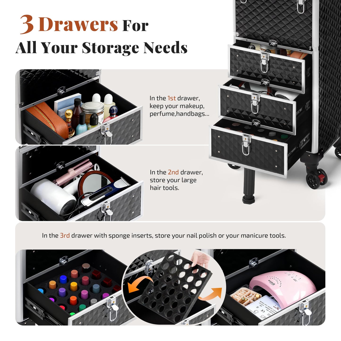 JINGUAN Rolling Makeup Train Case with 3 Drawers, Nail Trolley Cart Salon Station Cosmetology Case on Wheels Organizer Cases for Nail Tech,SPA,Face Painting,Hairstylist,Makeup Artist (Silver & Black)